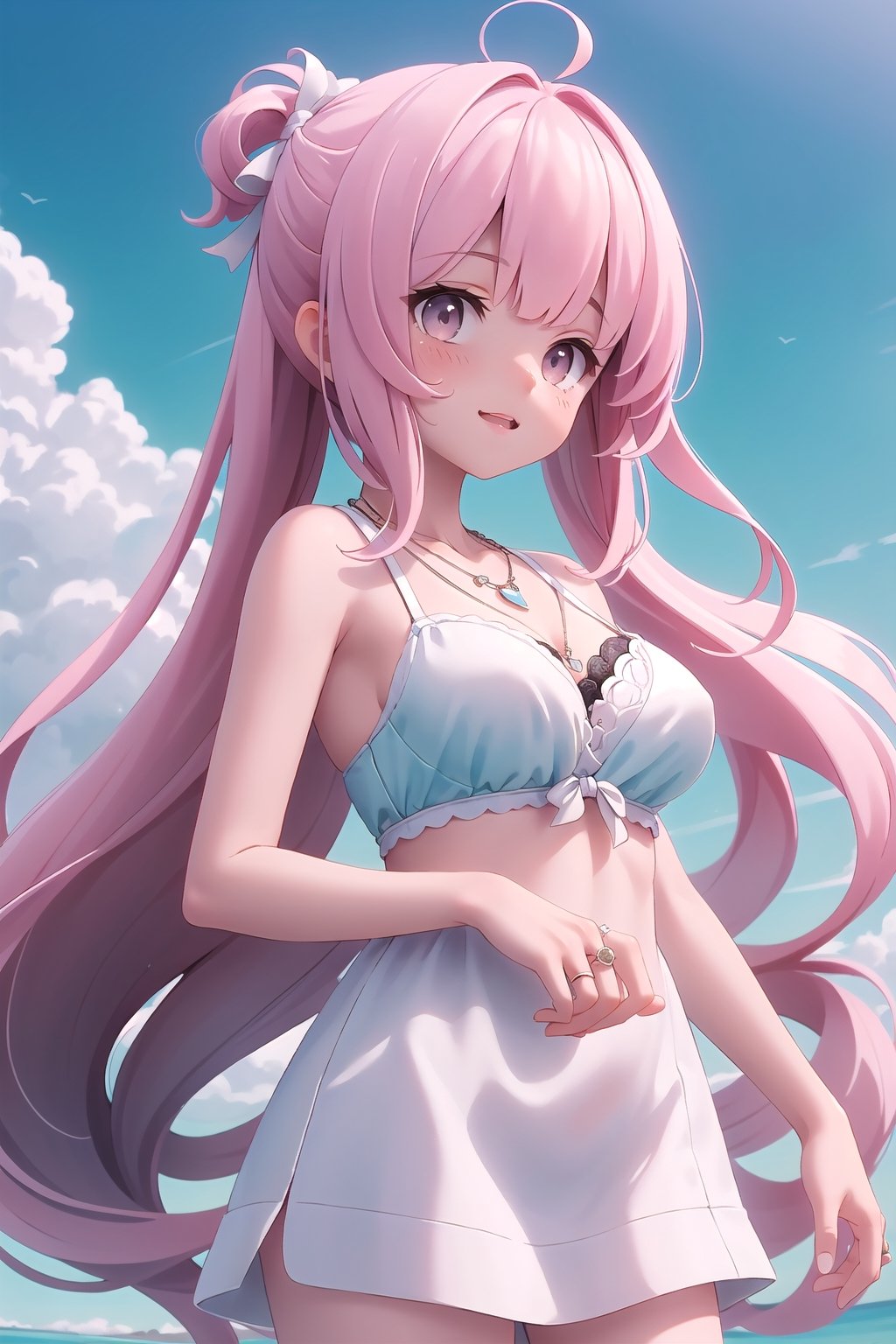 realistic, anime screencap, view straight on, standing, petite, a cute girl, (large breasts:0.95), bangs, hair pulled back, floating hair, sidelocks, pale red hair, flowing hair, bright skin, ribbon, necklace, ring, white shirt, collarbones, outdoors, blue sky, 8k resolution,
(bra:0.95), (smile:0.45),
hand, fingers