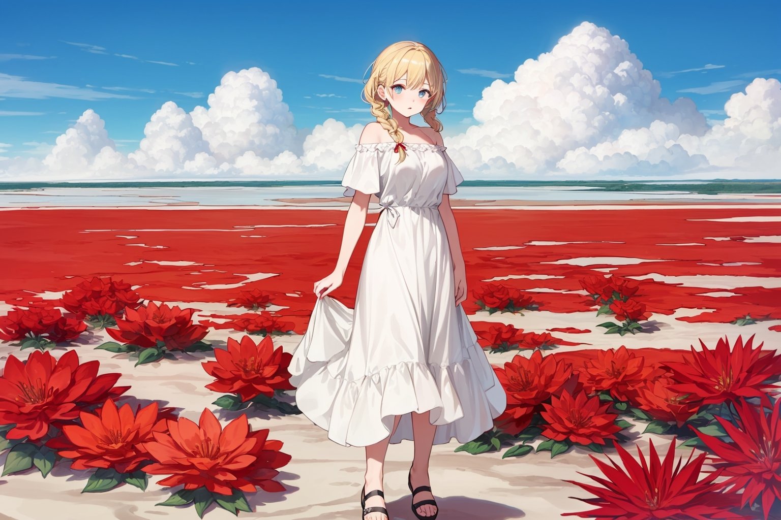 ((Botanical art salar de uyuni background)),
8k resolution, solo, 1 girl, blue sky,
blonde hair, odd eyes, hair ribbon, 
middle hair, hair braids, 
casual_exposure, 
red ribbon, mature female, 
(reddish:0.95), (full body:0.85),
(large breasts:0.58), 
(nsfw:0.66),



