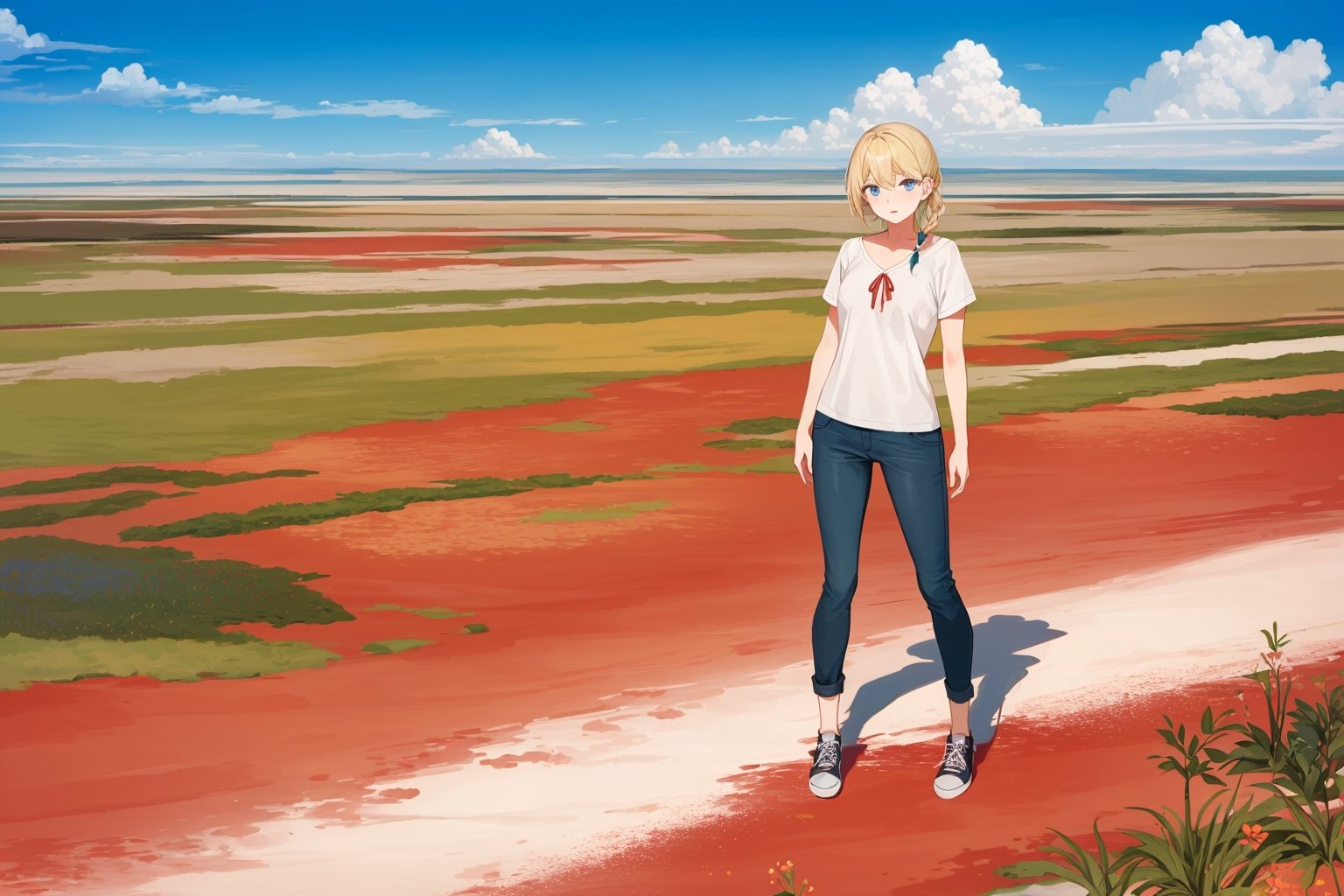 ((Botanical art salar de uyuni background)),
8k resolution, solo, 1 girl, blue sky,
blonde hair, odd eyes, hair ribbon, 
middle hair, hair braids, standing, 
casual_exposure, hot_pants,
red ribbon, mature female, 
(reddish:0.95), (full body:0.99),
(large breasts:0.58),
(nsfw:0.68),



