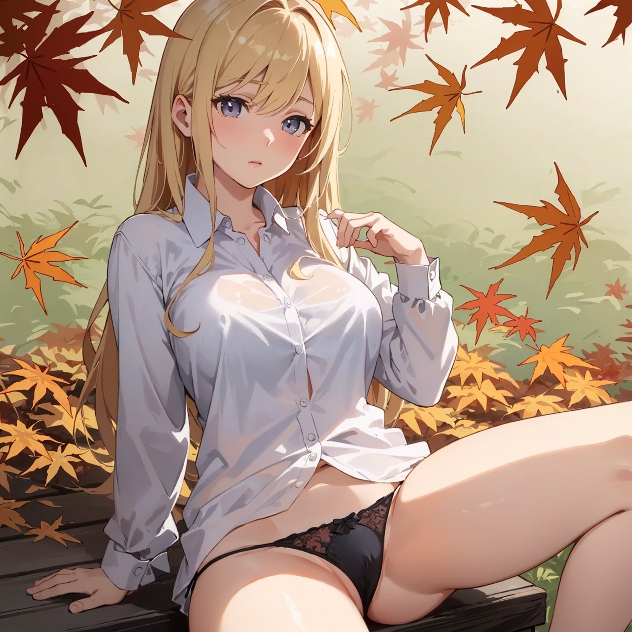 ((Botanical art lots of maple leaves background)),
8k resolution, realistic, anime screencap, 
petite, a cute girl, 
(large breasts:0.95), bangs, hair pulled back sidelocks, (pale hair), solo, 1 girl,
flowing hair, 
top big casual shirt,
(pussy net panties:1.01),
(breasts visible:1.13),
(pussy visible:0.91),
(nsfw:0.87), 
