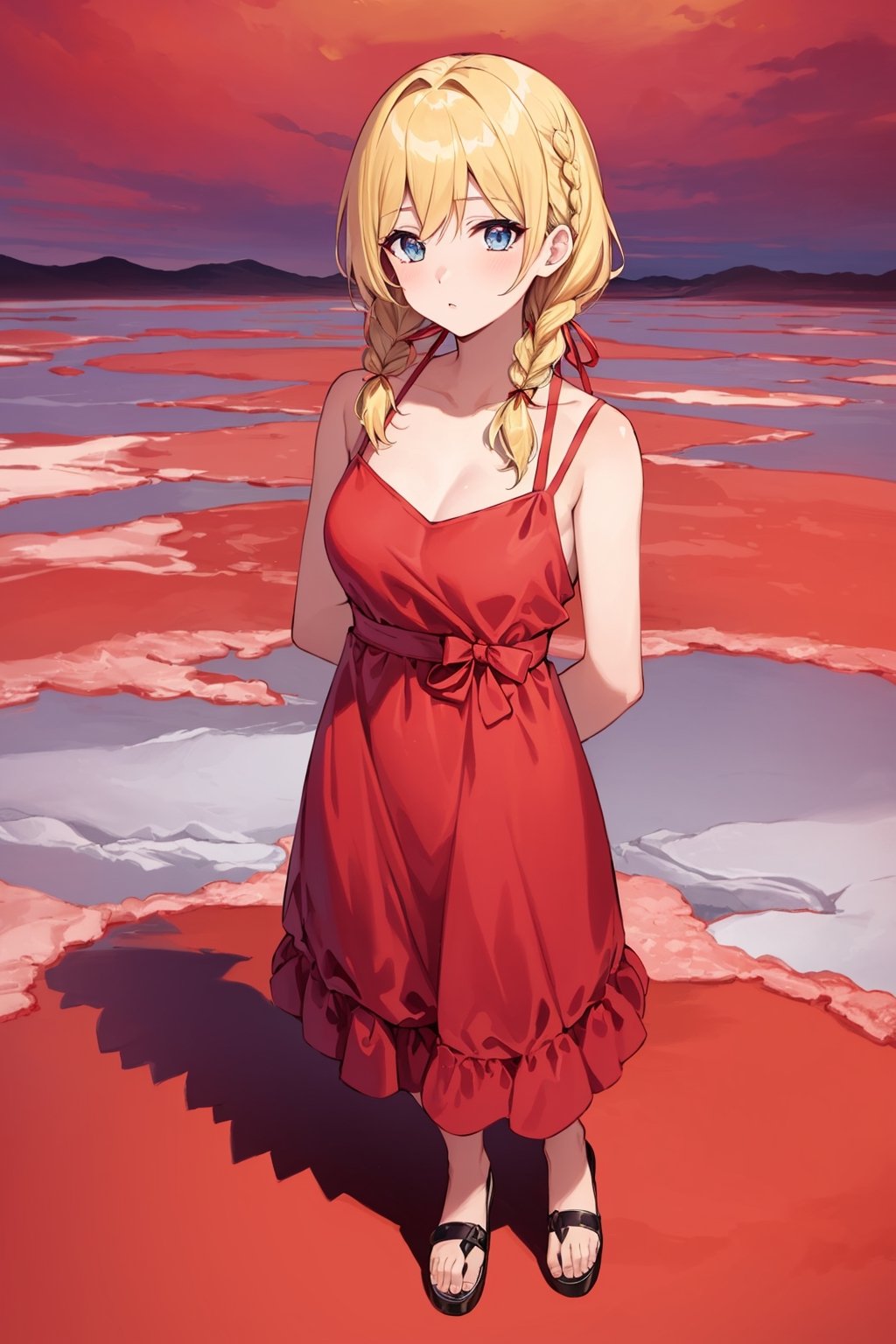 ((Botanical art salar de uyuni background)),
8k resolution, solo, 1 girl,

blonde hair, odd eyes, hair ribbon, 
middle hair, hair braids, 
casual_exposure, 
red ribbon, mature female, 
(reddish:0.95), (full body:0.85),
(large breasts:0.58), 
(nsfw:0.66),



