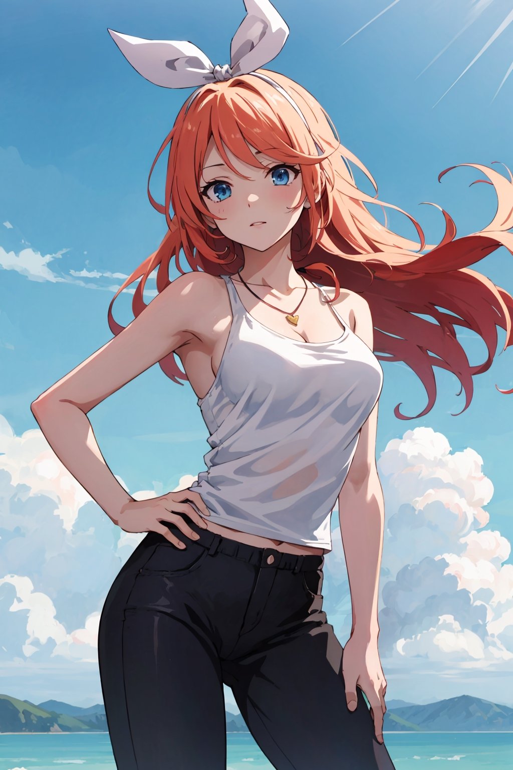 realistic, anime screencap, view straight on, standing, petite, a cute girl, (large breasts:1.25), bangs, hair pulled back, floating hair, sidelocks, pale red hair, flowing hair, hair_ribbons, necklace, ring, collarbones, outdoors, blue sky, 
8k resolution, 18 years old,
(topbra:0.95), (smile:0.55),
hand, fingers, Kagamine Rin, Anime