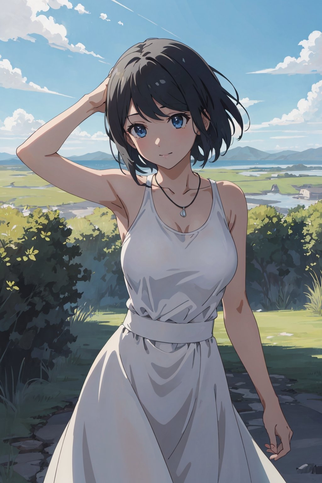 8k resolution, realistic, anime screencap, 
view straight on, standing, petite, a cute girl, (large breasts:1.25), bangs, hair pulled back sidelocks, pale black hair, 
flowing hair, floating short hair, 
necklace, ring, collarbones, outdoors, 
blue sky, 
(topbra:0.95), (smile:0.55),
hand, fingers, Kagamine Rin, Anime