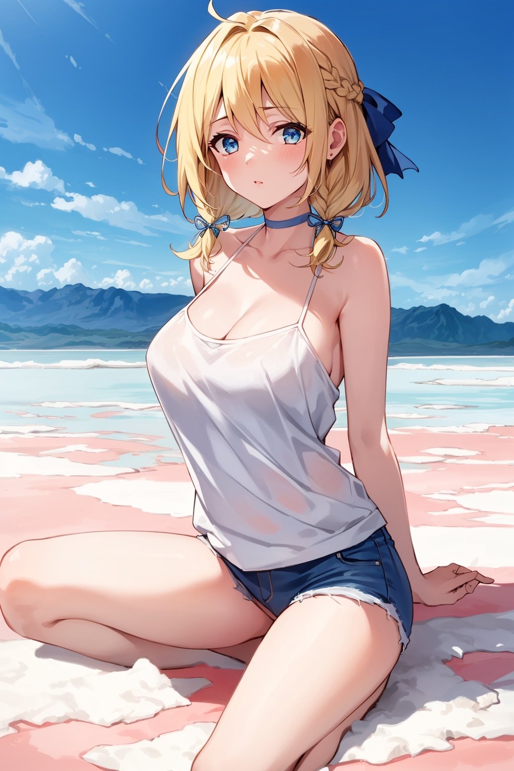 ((Botanical art salar de uyuni background)),
8k resolution, solo, 1 girl, blue sky,
blonde hair, odd eyes, hair ribbon, 
middle hair, hair braids, 
casual_exposure, 
red ribbon, mature female, 
(reddish:0.95), (full body:0.85),
(large breasts:0.58), 
(nsfw:0.66),



