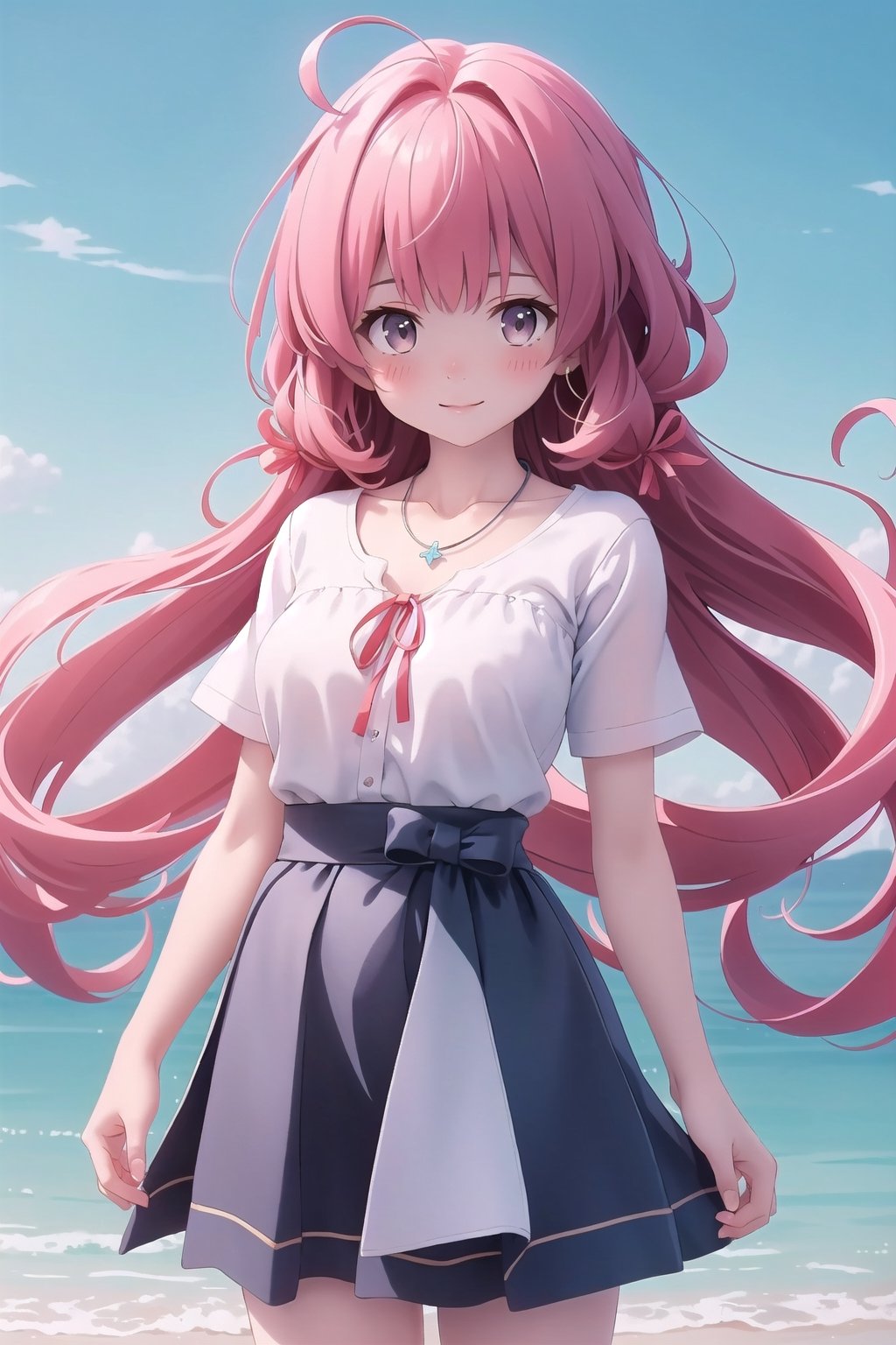 realistic, anime screencap, view straight on, standing, petite, a cute girl, (large breasts:0.9), bangs, hair pulled back, floating hair, sidelocks, pale red hair, flowing hair, bright skin, ribbon, necklace, ring, white shirt, collarbones, outdoors, blue sky, 8k resolution,
(bra:0.85), (smile:0.45),
hand, fingers