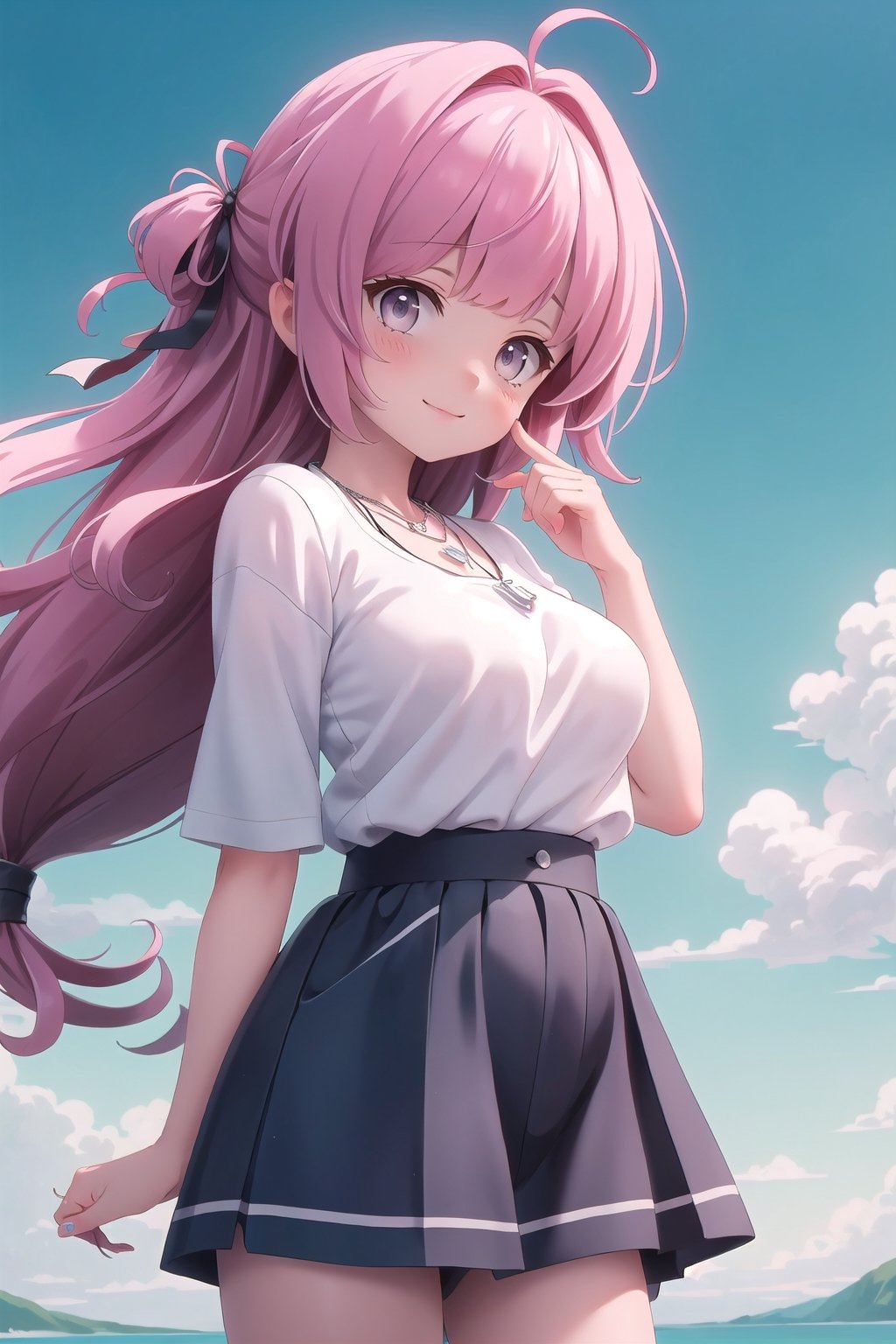 realistic, anime screencap, view straight on, standing, petite, a cute girl, (large breasts:0.95), bangs, hair pulled back, floating hair, sidelocks, pale red hair, flowing hair, bright skin, ribbon, necklace, ring, white shirt, collarbones, outdoors, blue sky, 8k resolution, 21 old,
(bra:0.96), (smile:0.65),
hand, fingers