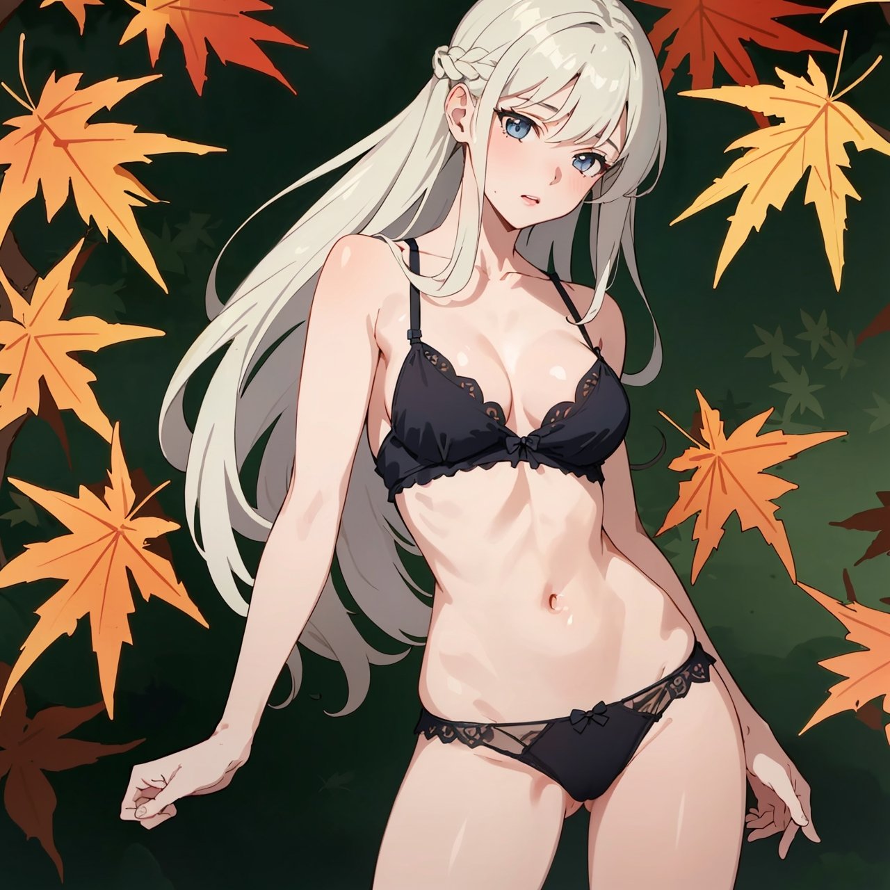 ((Botanical art lots of maple leaves background)),
8k resolution, realistic, anime screencap, 
petite, a cute girl, 
(large breasts:0.95), bangs, hair pulled back sidelocks, (pale hair), solo, 1 girl,
flowing hair, casual,
(sexy net panties:1.01),
(breasts visible:1.13),
(pussy visible:0.91),
(nsfw:0.87), 
