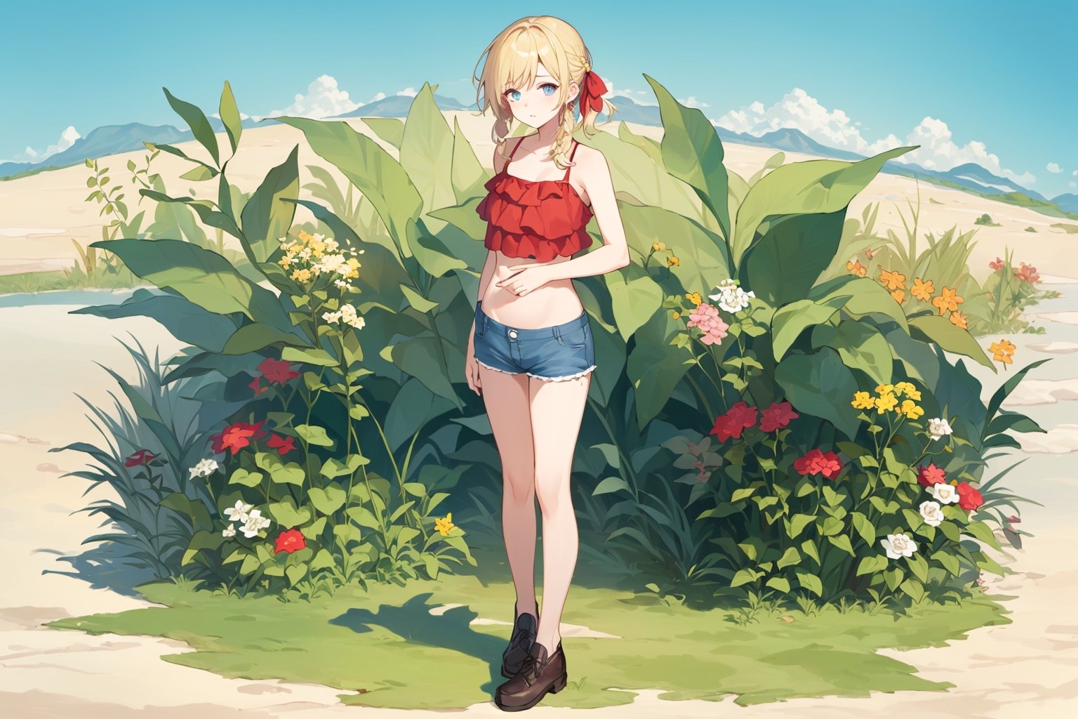 ((Botanical art salar de uyuni background)),
8k resolution, solo, 1 girl, blue sky,
blonde hair, odd eyes, hair ribbon, 
middle hair, hair braids, standing, 
casual_exposure, Dolphin shorts,
red ribbon, mature female, 
(reddish:0.95), (full body:0.99),
(large breasts:0.58), 
(nsfw:0.66),



