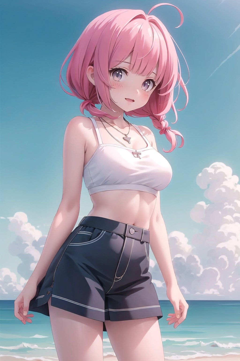 realistic, anime screencap, view straight on, standing, petite, a cute girl, (large breasts:0.95), bangs, hair pulled back, floating hair, sidelocks, pale red hair, flowing hair, bright skin, ribbon, necklace, ring, white shirt, collarbones, outdoors, blue sky, 8k resolution, 21 old,
(bra:0.95), (smile:0.45),
hand, fingers