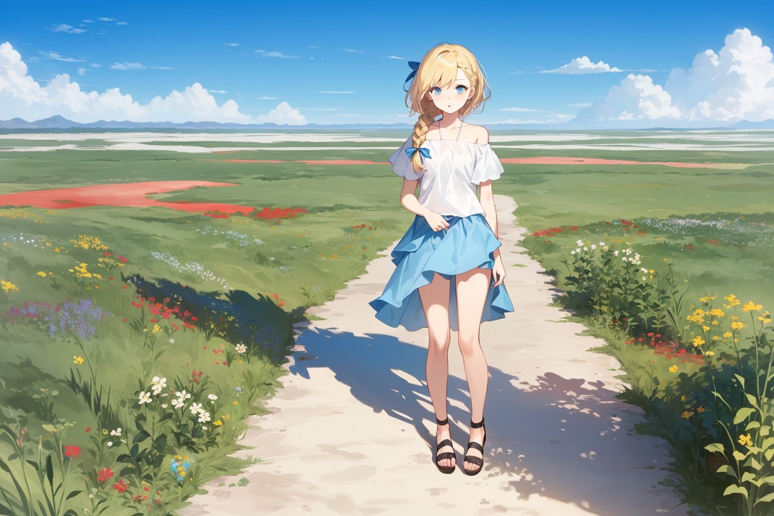 ((Botanical art salar de uyuni background)),
8k resolution, solo, 1 girl, blue sky,
blonde hair, odd eyes, hair ribbon, 
middle hair, hair braids, 
casual_exposure, 
red ribbon, mature female, 
(reddish:0.95), (full body:0.85),
(large breasts:0.58), 
(nsfw:0.66),



