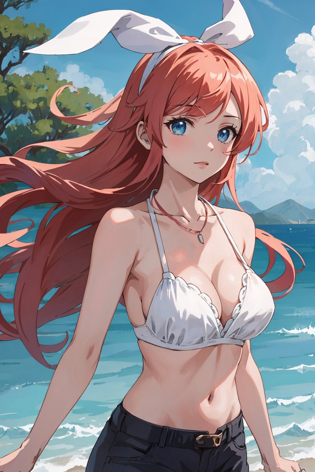 realistic, anime screencap, view straight on, standing, petite, a cute girl, (large breasts:1.25), bangs, hair pulled back, floating hair, sidelocks, pale red hair, flowing hair, hair_ribbons, necklace, ring, collarbones, outdoors, blue sky, 
8k resolution, 18 years old,
(bra:0.95), (smile:0.55),
hand, fingers, Kagamine Rin, Anime