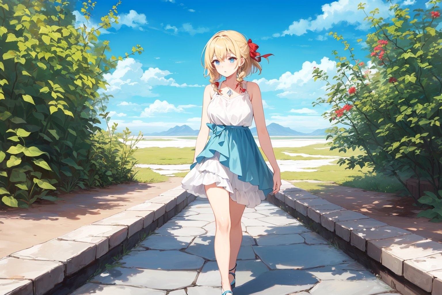 ((Botanical art salar de uyuni background)),
8k resolution, solo, 1 girl, blue sky,
blonde hair, odd eyes, hair ribbon, 
middle hair, hair braids, 
casual_exposure, 
red ribbon, mature female, 
(reddish:0.95), (full body:0.99),
(large breasts:0.58), 
(nsfw:0.66),



