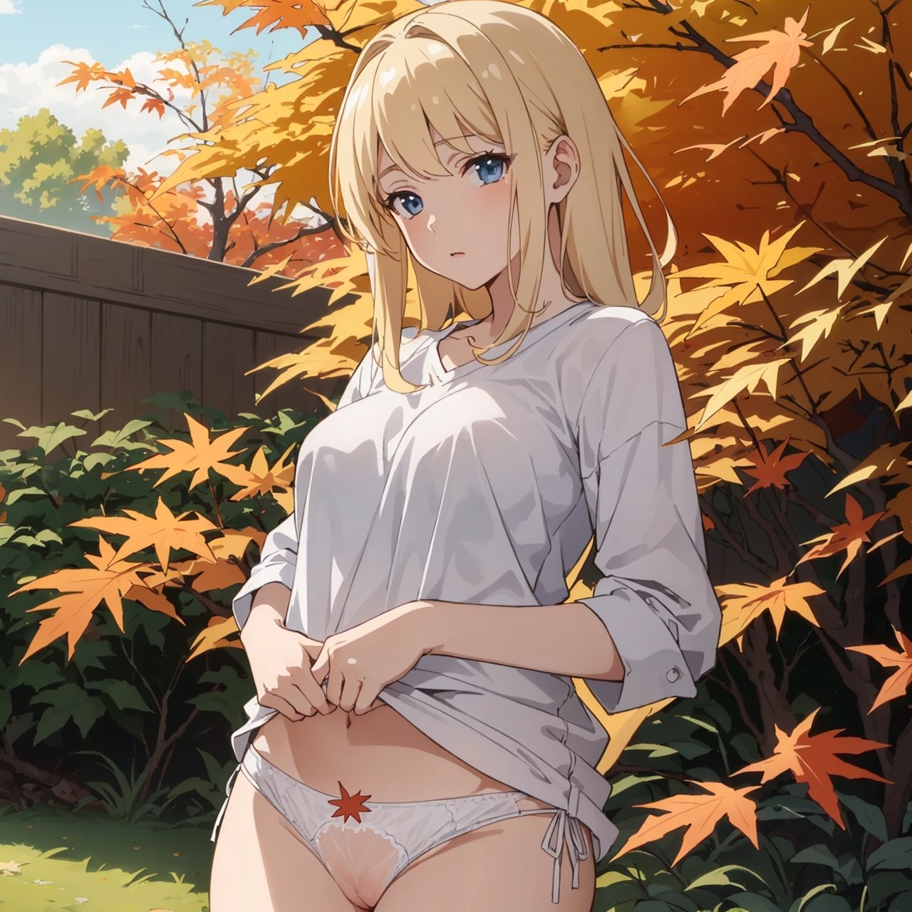 ((Botanical art lots of maple leaves background)),
8k resolution, realistic, anime screencap, 
petite, a cute girl, 
(large breasts:0.95), bangs, hair pulled back sidelocks, (pale hair), solo, 1 girl,
flowing hair, 
top casual shirt,
(pussy net panties:1.01),
(breasts visible:1.13),
(pussy visible:0.91),
(nsfw:0.87), 
