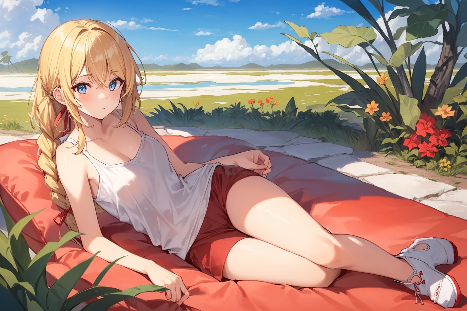 ((Botanical art salar de uyuni background)),
8k resolution, solo, 1 girl, blue sky,
blonde hair, odd eyes, hair ribbon, 
middle hair, hair braids, 
casual_exposure, 
red ribbon, mature female, 
(reddish:0.95), (full body:0.85),
(large breasts:0.58), 
(nsfw:0.66),



