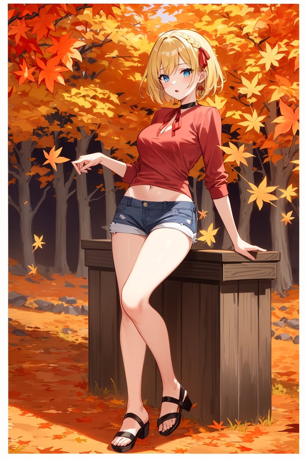 ((Botanical art Halloween night background)),
8k resolution, solo, 1 girl,
lots of maple leaves trees with red leaves,
blonde hair, blue eyes, hair ribbon, 
short hair, hair braids, 
casual_exposure, 
red ribbon, mature female, 
(reddish:0.95), (full body:0.85),
(large breasts:0.58), 
(nsfw:0.66),



