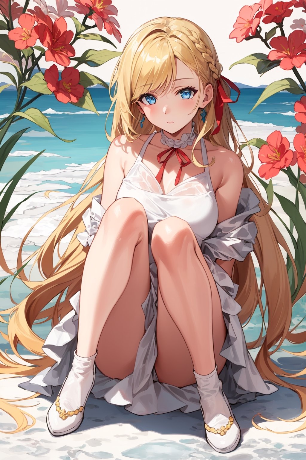 ((Botanical art salar de uyuni background)),
8k resolution, solo, 1 girl, blue sky,
blonde hair, odd eyes, hair ribbon, 
middle hair, hair braids, 
casual_exposure, 
red ribbon, mature female, 
(reddish:0.95), (full body:0.85),
(large breasts:0.58), 
(nsfw:0.66),



