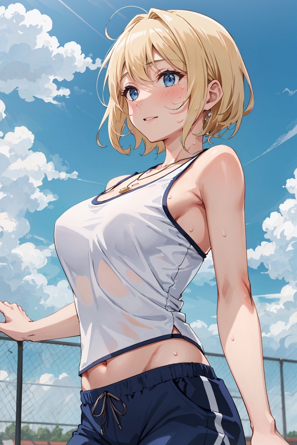 8k resolution, realistic, anime screencap, 
view straight on, standing, petite, a cute girl, (large breasts:1.2), bangs, hair pulled back sidelocks, pale blonde hair, solo, 1 girl,
blonde short hair, flowing hair, floating hair,
necklace, ring, collarbones, school playground, 
blue sky, (short bottom pants:1.1), tanktop,
(sweaty top clothes:1.3),
(running:0.9), (smile:0.55),
hand, fingers