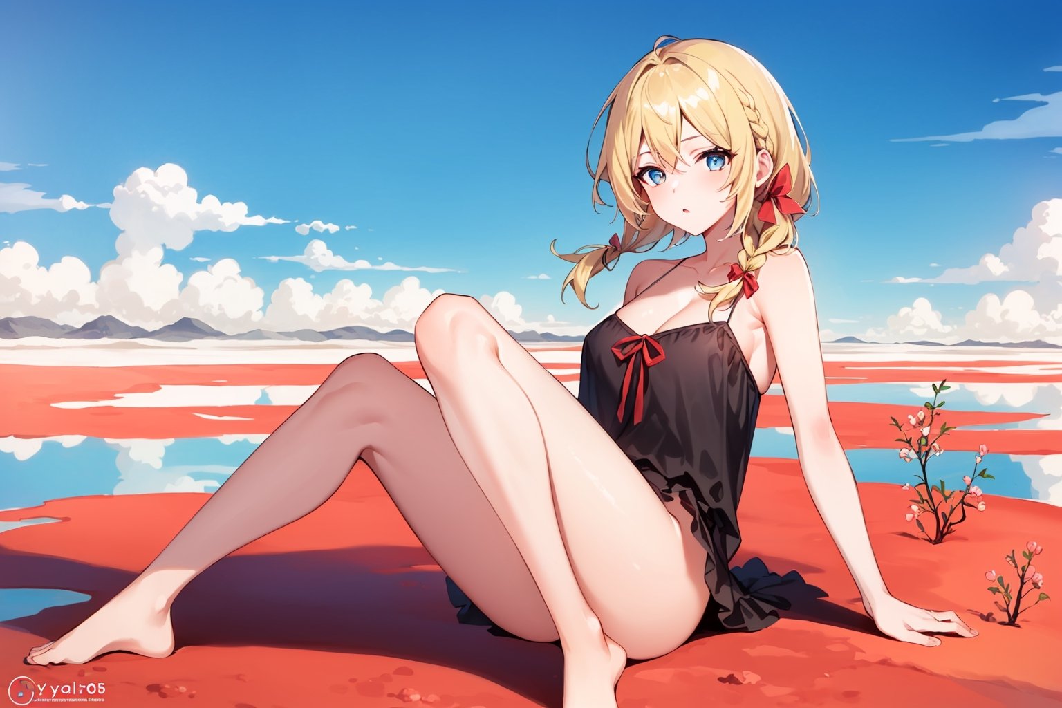 ((Botanical art salar de uyuni background)),
8k resolution, solo, 1 girl, blue sky,
blonde hair, odd eyes, hair ribbon, 
middle hair, hair braids, 
casual_exposure, 
red ribbon, mature female, 
(reddish:0.95), (full body:0.85),
(large breasts:0.58), 
(nsfw:0.66),



