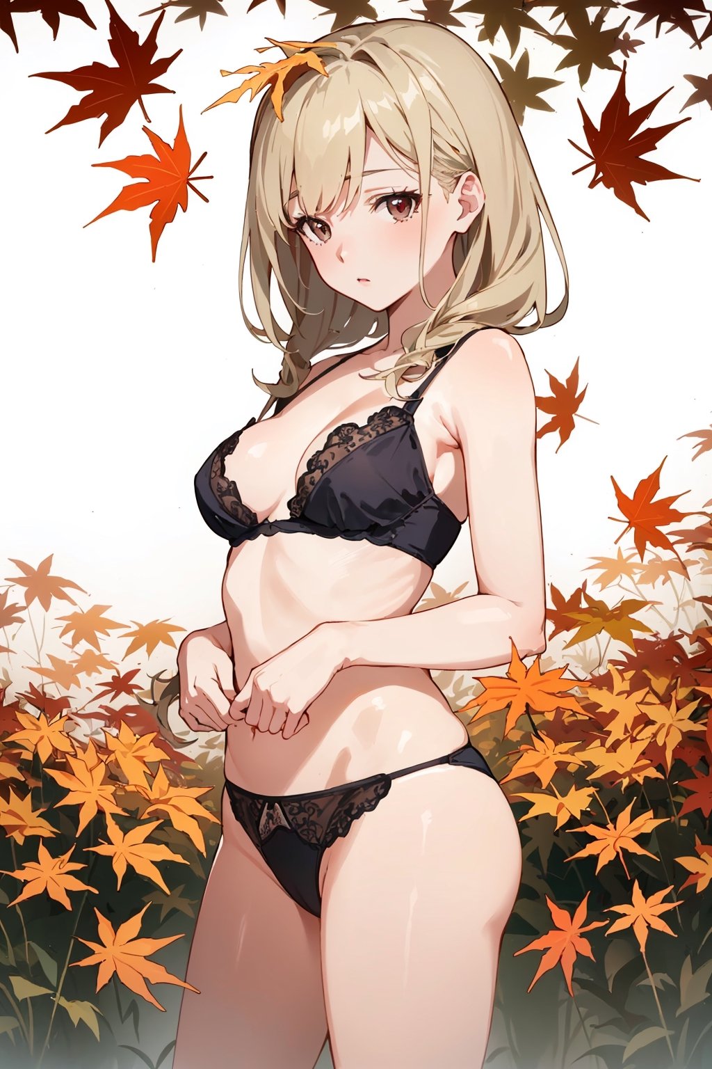 ((Botanical art lots of maple leaves background)),
8k resolution, realistic, anime screencap, 
view straight on, standing, petite, a cute girl, (large breasts:0.95), bangs, hair pulled back sidelocks, (pale hair), solo, 1 girl,
flowing hair,
(net panties:1.01),
(breasts visible:1.13),
(pussy visible:0.91),
(nsfw:0.87), 
