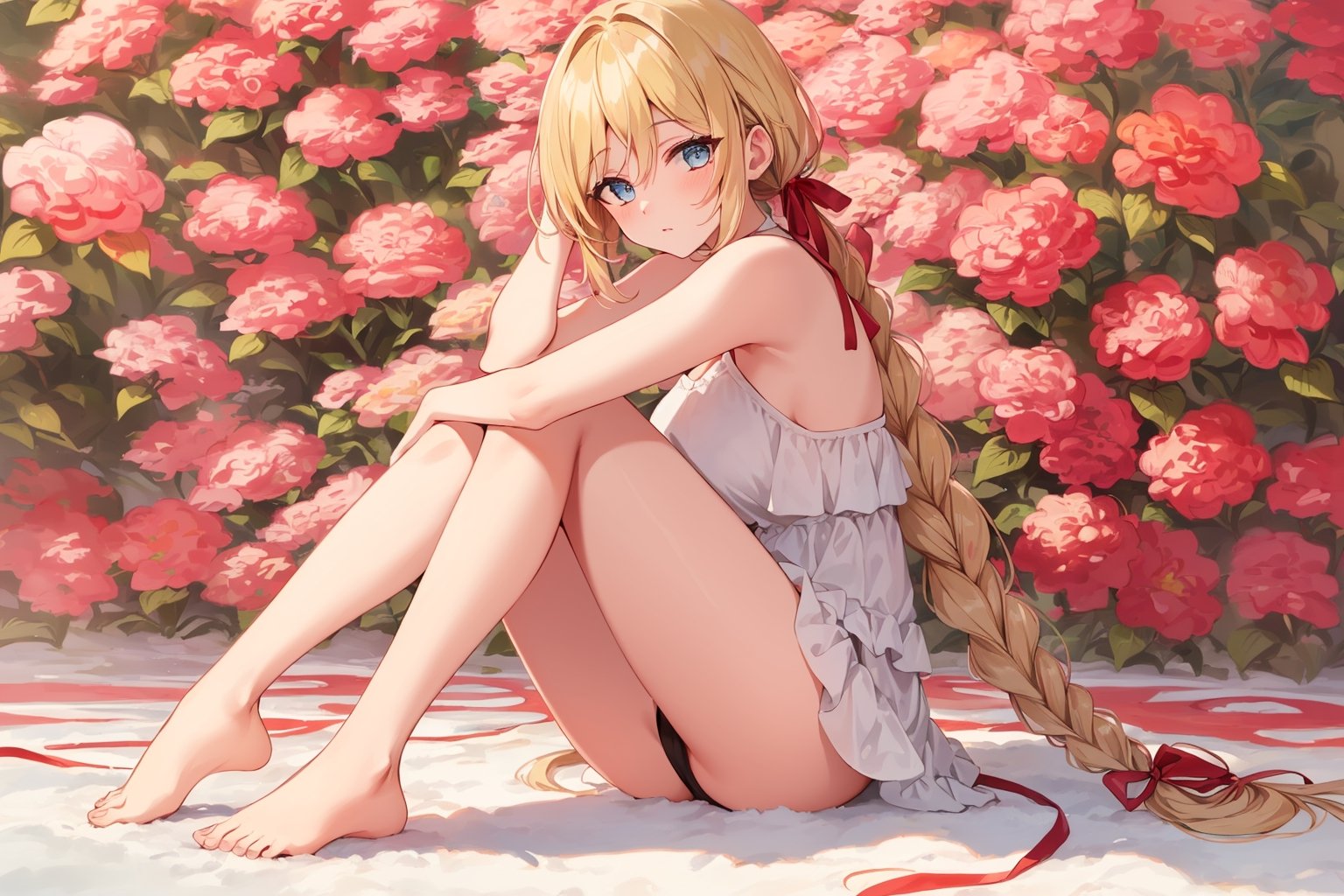 ((Botanical art salar de uyuni background)),
8k resolution, solo, 1 girl, blue sky,
blonde hair, odd eyes, hair ribbon, 
middle hair, hair braids, 
casual_exposure, 
red ribbon, mature female, 
(reddish:0.95), (full body:0.85),
(large breasts:0.58), 
(nsfw:0.66),



