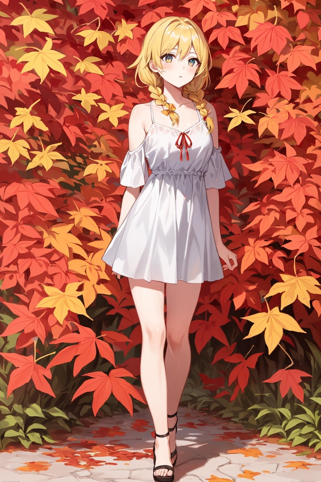 ((Botanical art salar de uyuni background)),
8k resolution, solo, 1 girl,
lots of maple leaves trees with red and yellow ginko leaves,
blonde hair, odd eyes, hair ribbon, 
middle hair, hair braids, 
casual_exposure, 
red ribbon, mature female, 
(reddish:0.95), (full body:0.85),
(large breasts:0.58), 
(nsfw:0.66),



