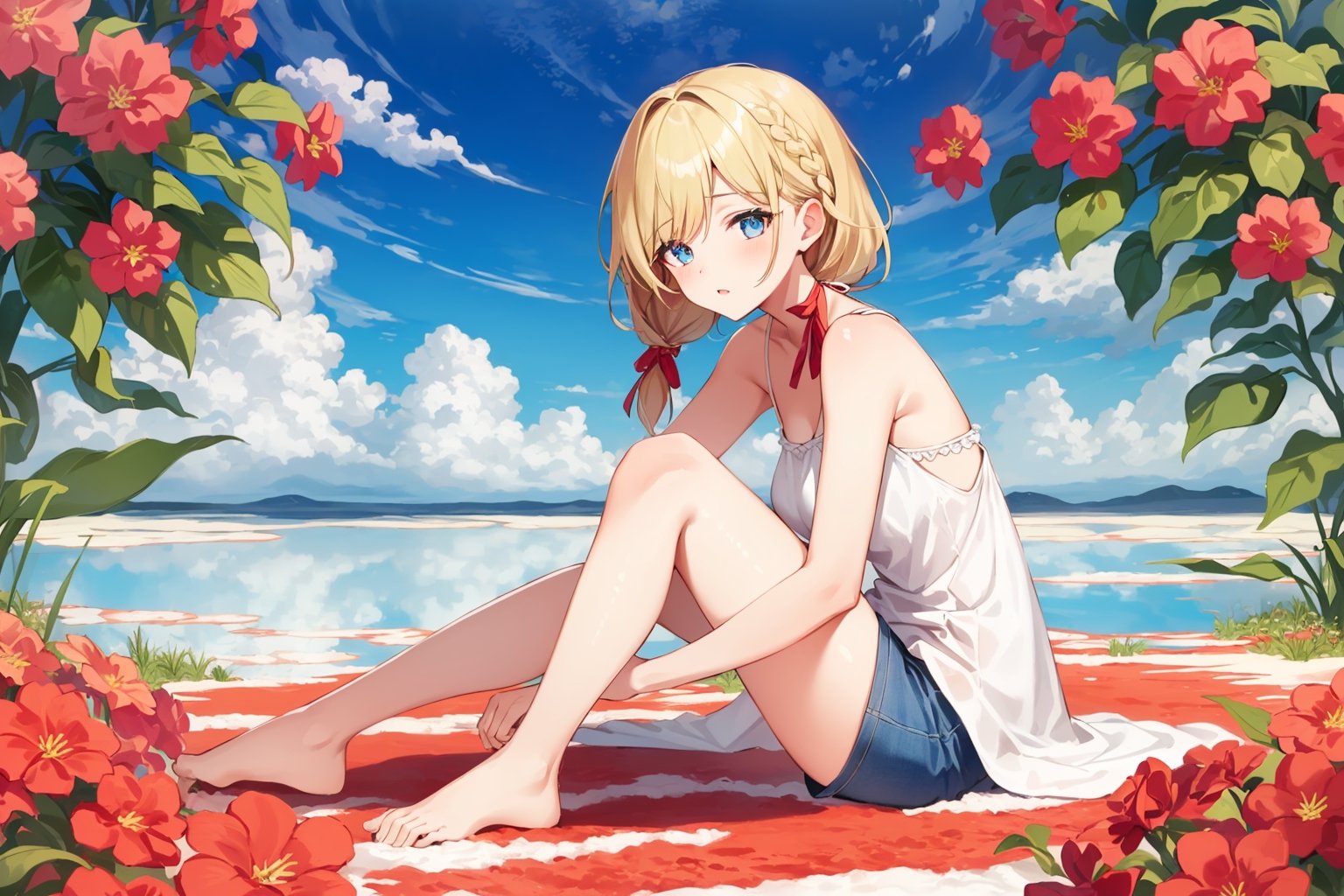 ((Botanical art salar de uyuni background)),
8k resolution, solo, 1 girl, blue sky,
blonde hair, odd eyes, hair ribbon, 
middle hair, hair braids, 
casual_exposure, 
red ribbon, mature female, 
(reddish:0.95), (full body:0.85),
(large breasts:0.58), 
(nsfw:0.66),



