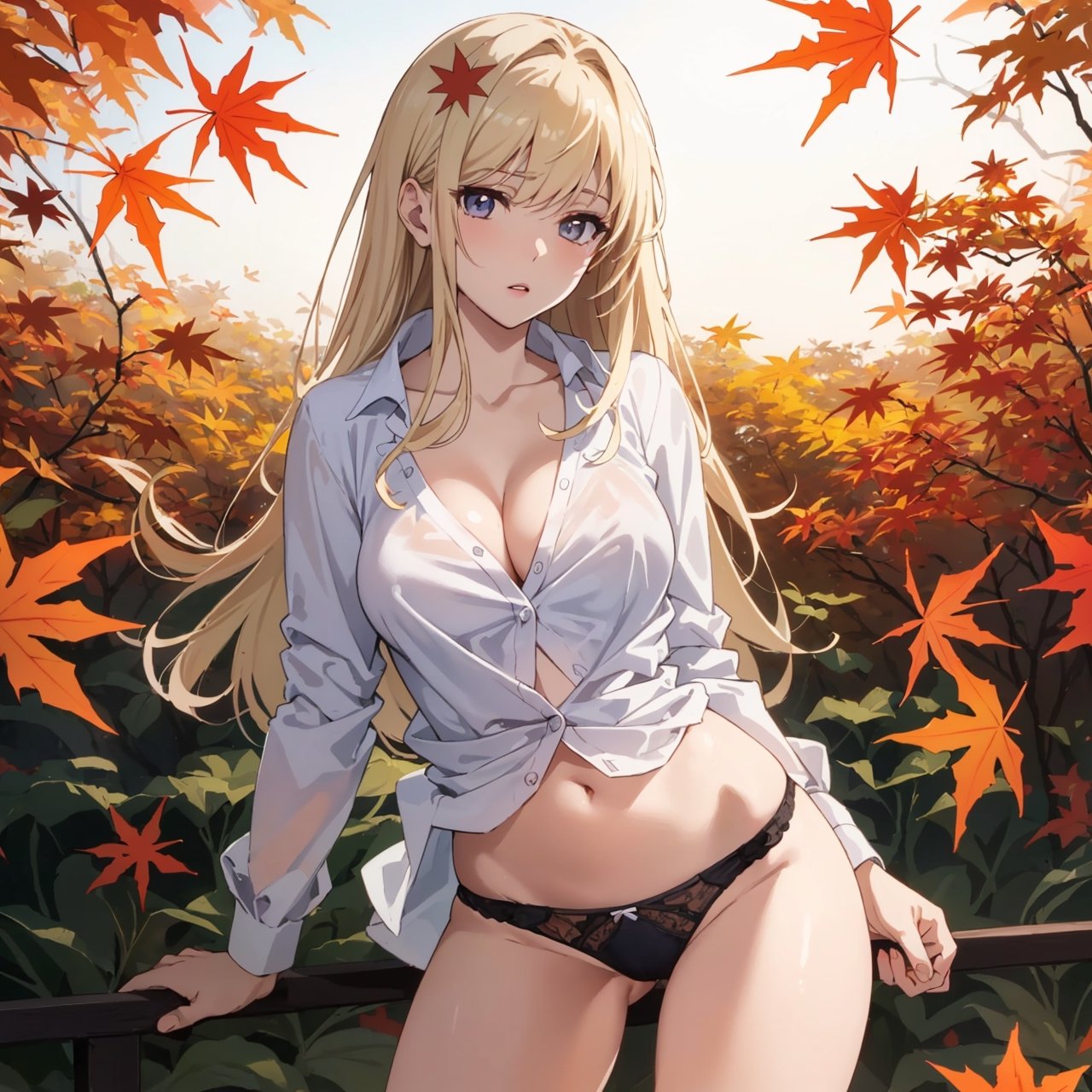 ((Botanical art lots of maple leaves background)),
8k resolution, realistic, anime screencap, 
petite, a cute girl, 
(large breasts:0.95), bangs, hair pulled back sidelocks, (pale hair), solo, 1 girl,
flowing hair, 
top casual shirt,
(sexy net panties:1.01),
(breasts visible:1.13),
(pussy visible:0.91),
(nsfw:0.87), 
