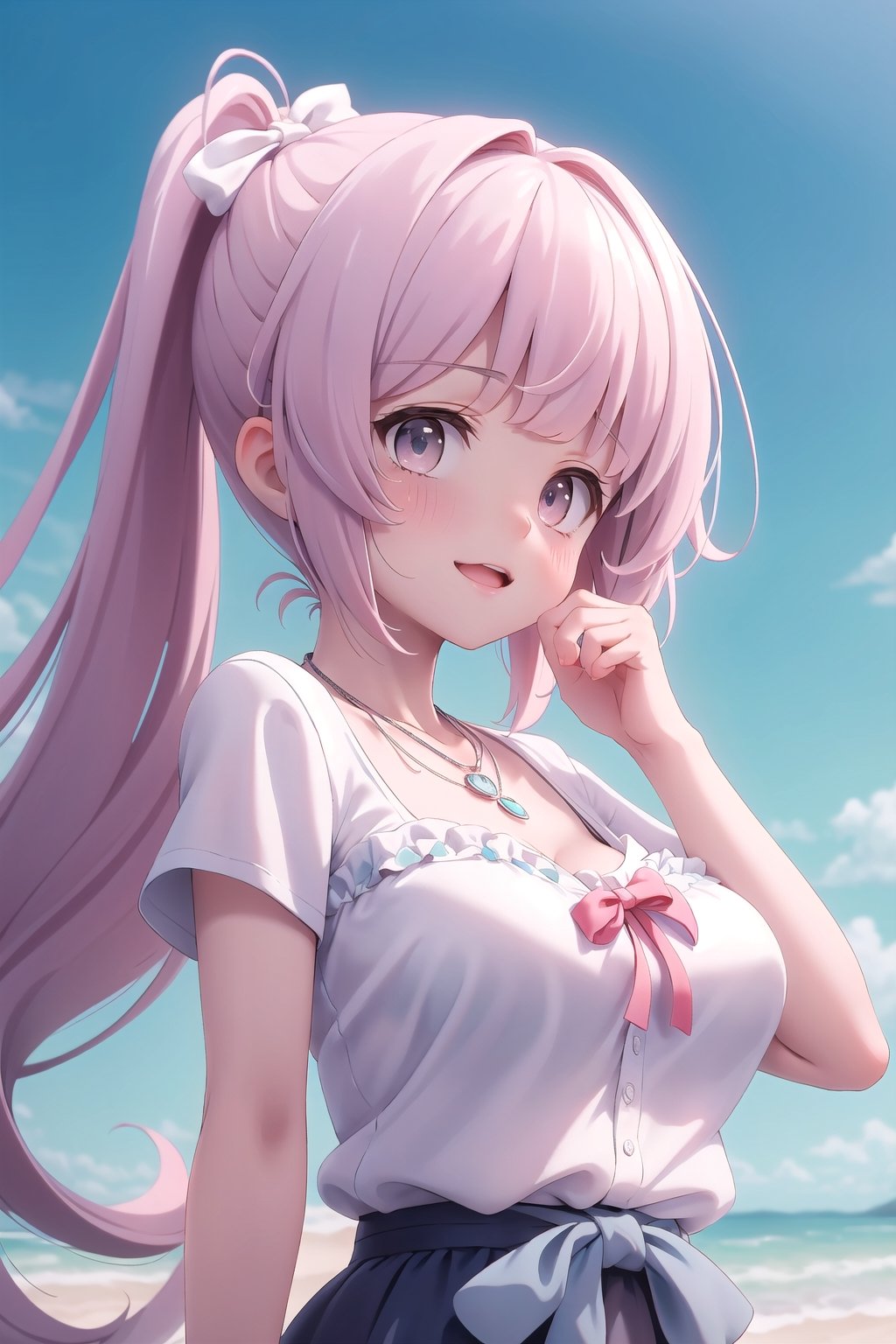 realistic, anime screencap, view straight on, standing, petite, a cute girl, (large breasts:0.95), bangs, hair pulled back, floating hair, sidelocks, pale red hair, flowing hair, bright skin, ribbon, necklace, ring, white shirt, collarbones, outdoors, blue sky, 8k resolution, 21 old,
(bra:0.95), (smile:0.65),
hand, fingers