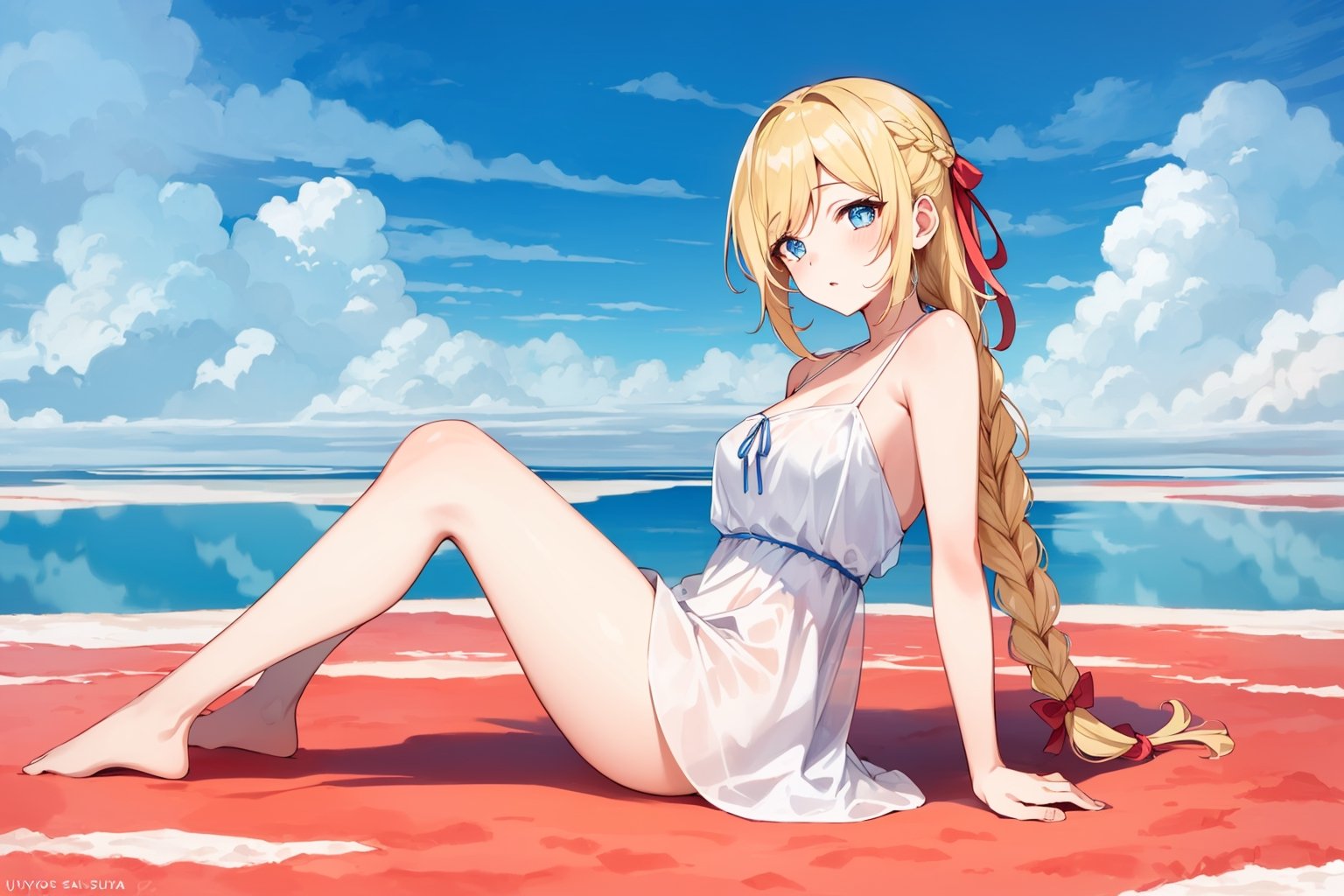 ((Botanical art salar de uyuni background)),
8k resolution, solo, 1 girl, blue sky,
blonde hair, odd eyes, hair ribbon, 
middle hair, hair braids, 
casual_exposure, 
red ribbon, mature female, 
(reddish:0.95), (full body:0.85),
(large breasts:0.58), 
(nsfw:0.66),



