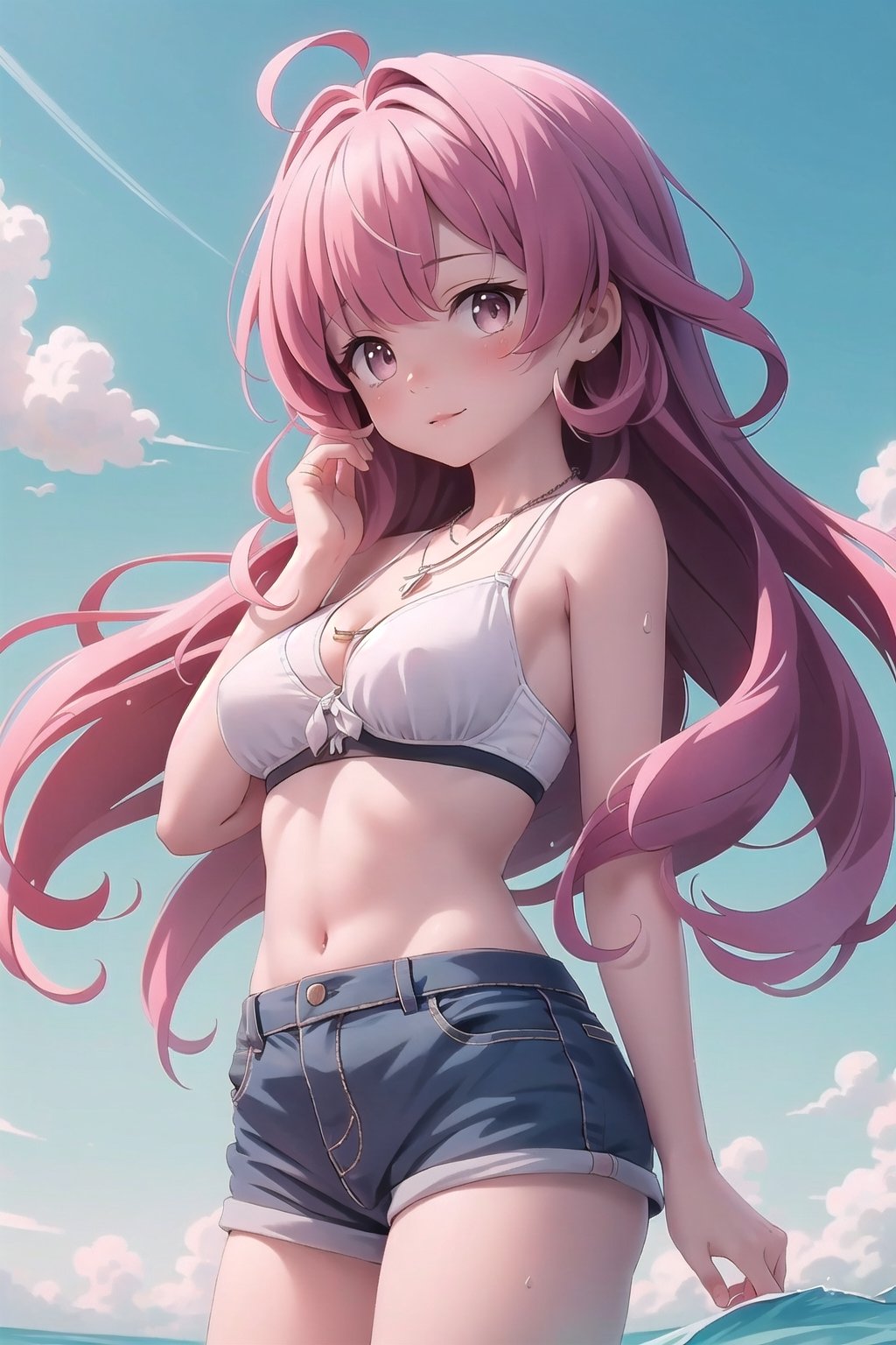 realistic, anime screencap, view straight on, standing, petite, a cute girl, (large breasts:0.95), bangs, hair pulled back, floating hair, sidelocks, pale red hair, flowing hair, bright skin, ribbon, necklace, ring, white shirt, collarbones, outdoors, blue sky, 8k resolution, 21 old,
(bra:0.95), (smile:0.45),
hand, fingers