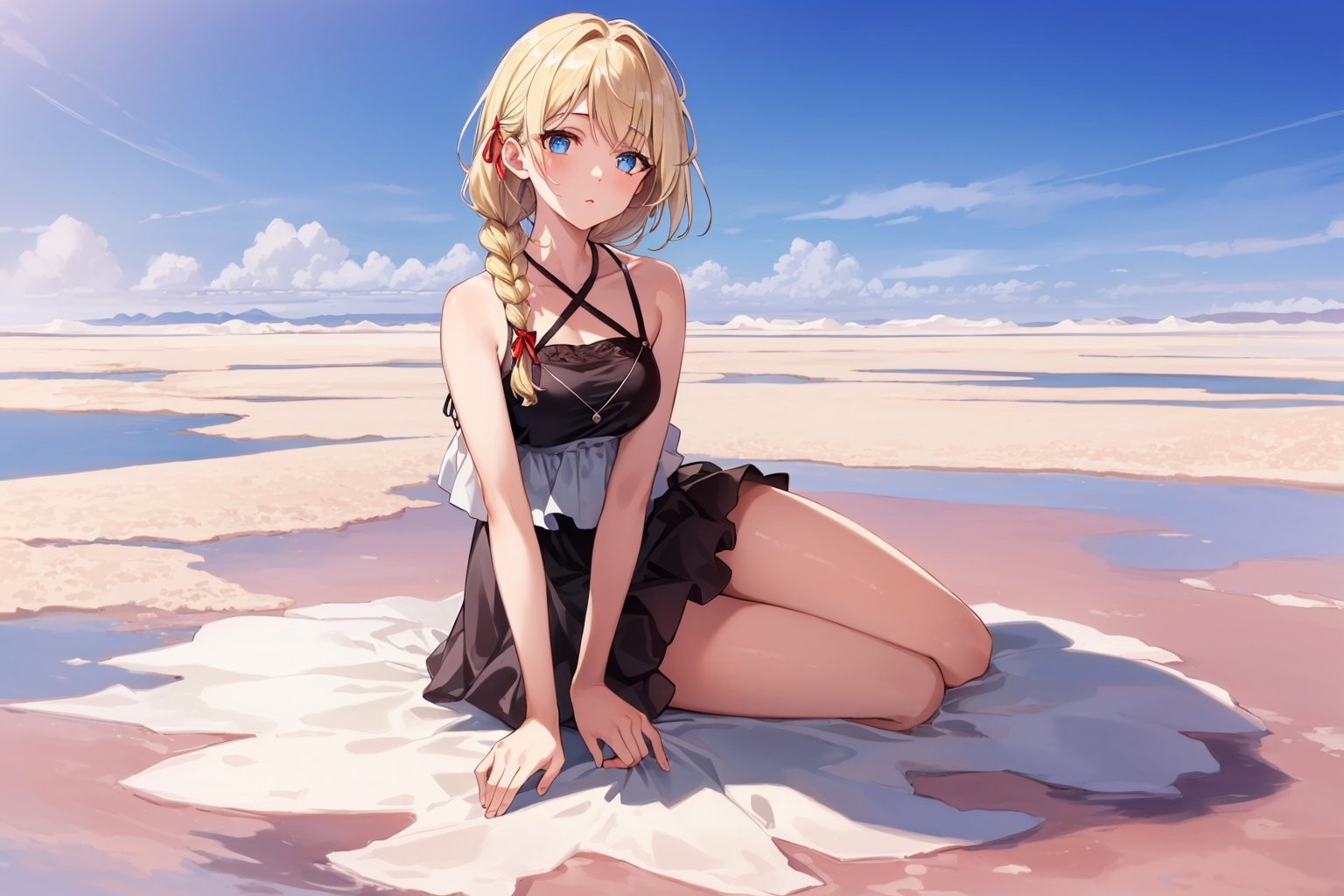 ((Botanical art salar de uyuni background)),
8k resolution, solo, 1 girl, blue sky,
blonde hair, odd eyes, hair ribbon, 
middle hair, hair braids, 
casual_exposure, 
red ribbon, mature female, 
(reddish:0.95), (full body:0.87),
(large breasts:0.58), 
(nsfw:0.66),



