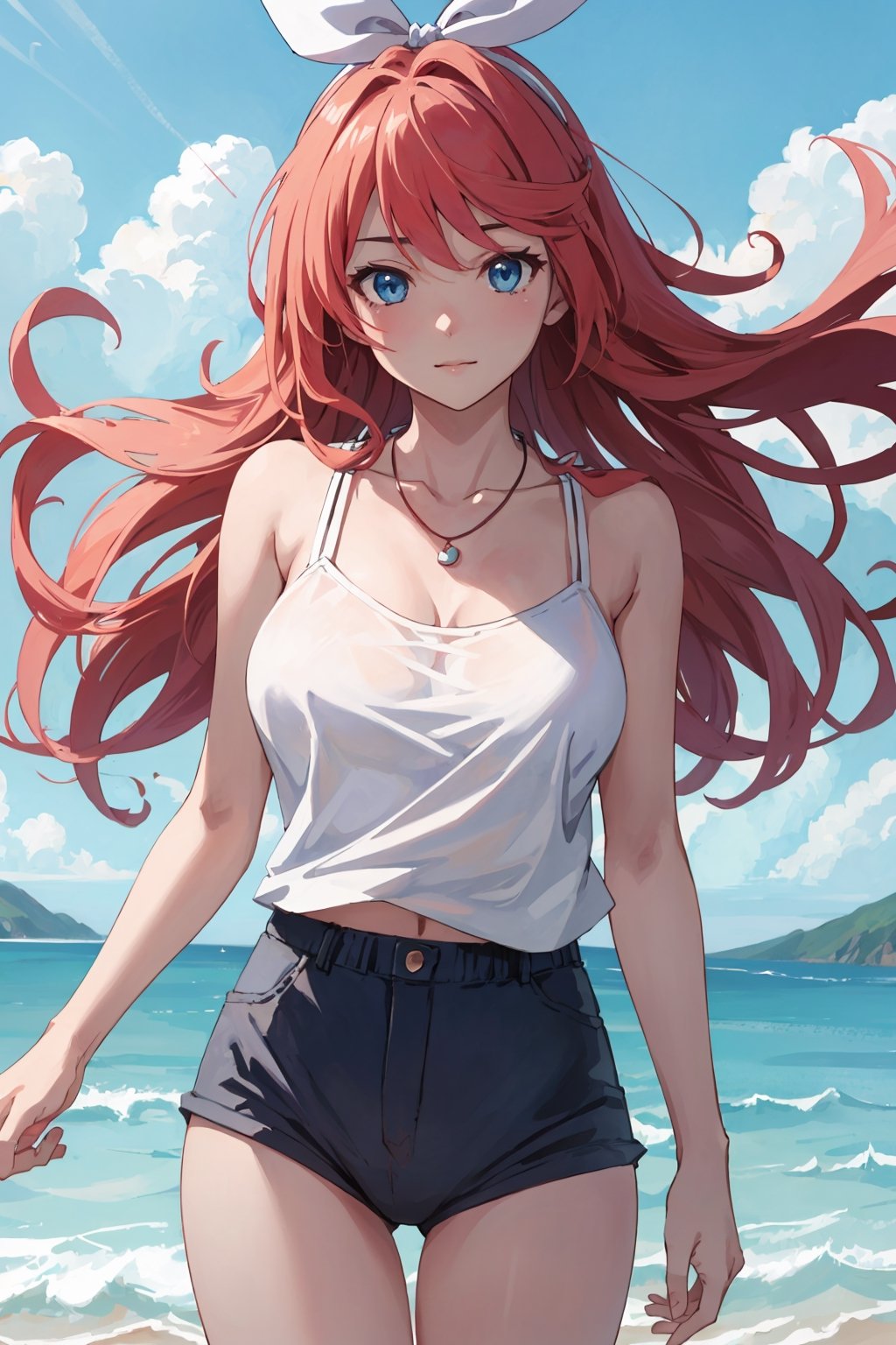 realistic, anime screencap, view straight on, standing, petite, a cute girl, (large breasts:1.25), bangs, hair pulled back, floating hair, sidelocks, pale red hair, flowing hair, bright skin, ribbon, necklace, ring, white shirt, collarbones, outdoors, blue sky, 8k resolution, 18 years old,
(bra:0.95), (smile:0.55),
hand, fingers, Kagamine Rin, Anime