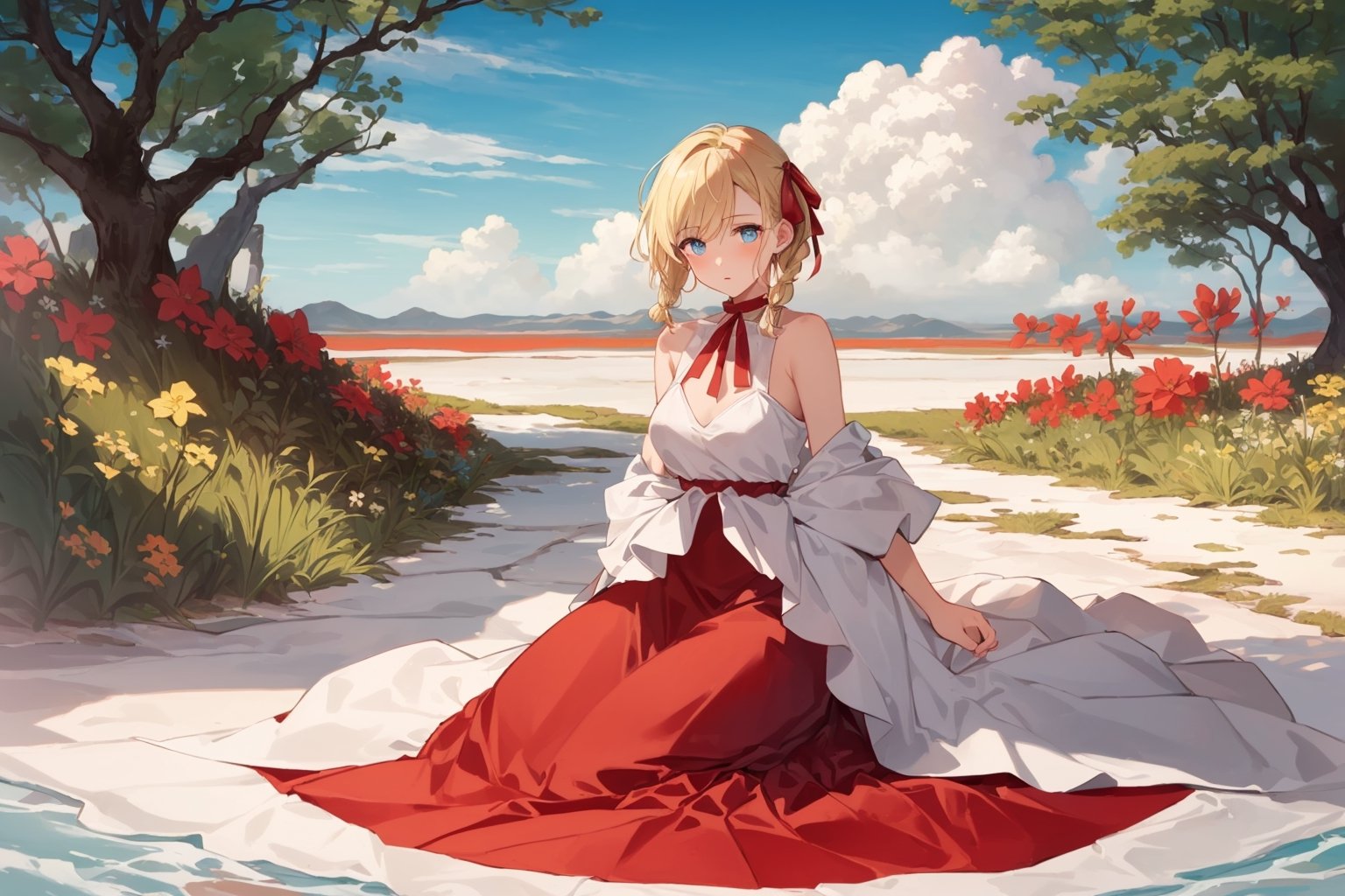 ((Botanical art salar de uyuni background)),
8k resolution, solo, 1 girl, blue sky,
blonde hair, odd eyes, hair ribbon, 
middle hair, hair braids, 
(casual_exposure:0.8), 
red ribbon, mature female, 
(reddish:0.95), (full body:0.99),
(large breasts:0.58), 
(nsfw:0.66),



