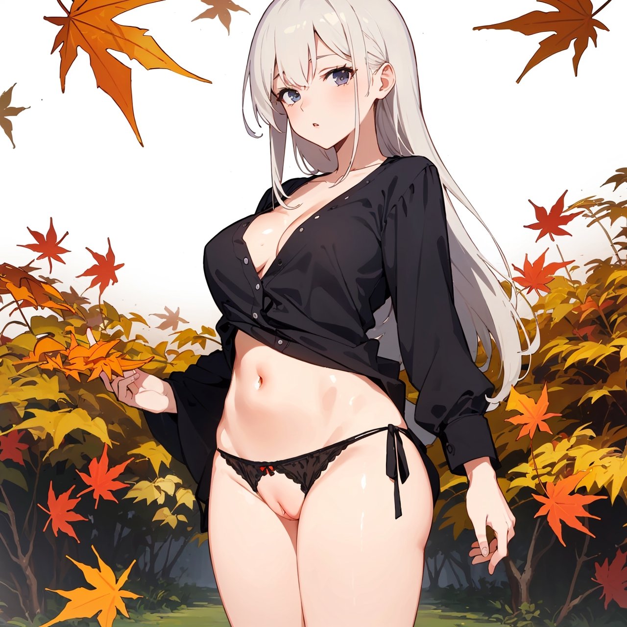 ((Botanical art lots of maple leaves background)),
8k resolution, realistic, anime screencap, 
petite, a cute girl, 
(large breasts:0.95), bangs, hair pulled back sidelocks, (pale hair), solo, 1 girl,
flowing hair, 
top casual shirt,
(pussy net panties:1.01),
(breasts visible:1.13),
(pussy visible:0.91),
(nsfw:0.87), 
