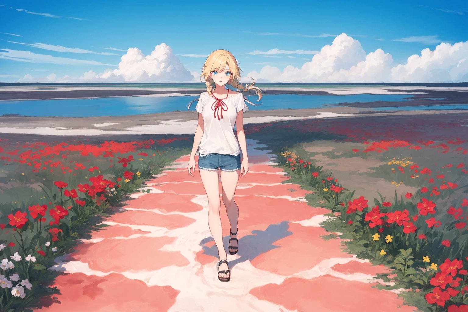 ((Botanical art salar de uyuni background)),
8k resolution, solo, 1 girl, blue sky,
blonde hair, odd eyes, hair ribbon, 
middle hair, hair braids, standing, 
casual_exposure,
red ribbon, mature female, 
(reddish:0.95), (full body:0.99),
(large breasts:0.58), 
(nsfw:0.66),



