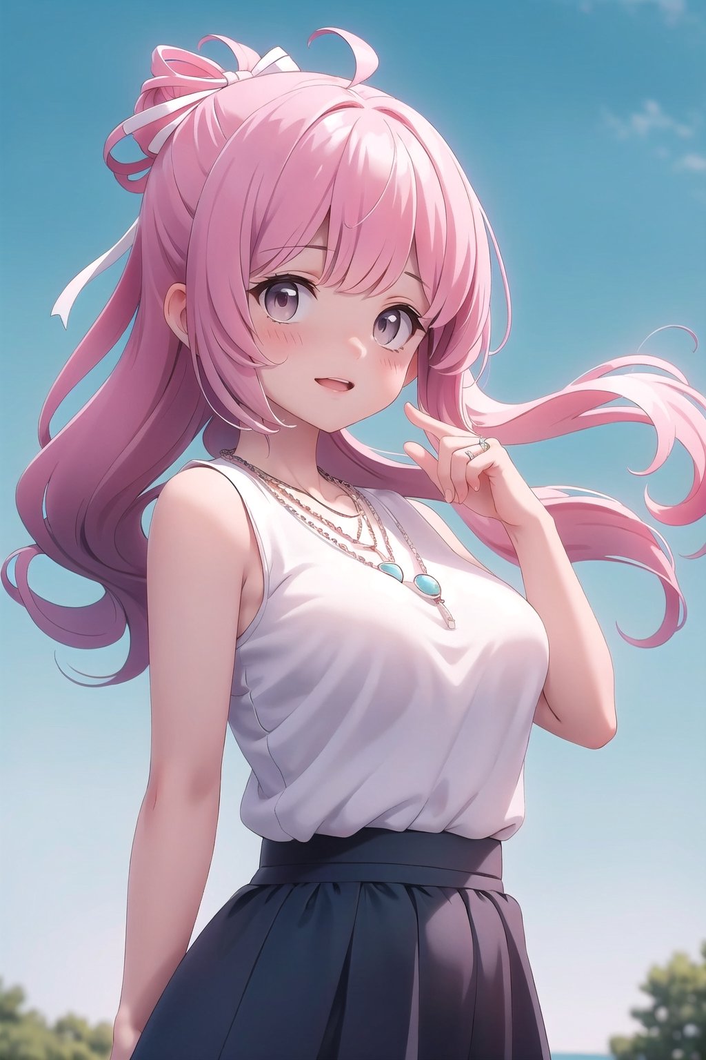 realistic, anime screencap, view straight on, standing, petite, a cute girl, (large breasts:0.95), bangs, hair pulled back, floating hair, sidelocks, pale red hair, flowing hair, bright skin, ribbon, necklace, ring, white shirt, collarbones, outdoors, blue sky, 8k resolution, 21 old,
(bra:0.95), (smile:0.55),
hand, fingers