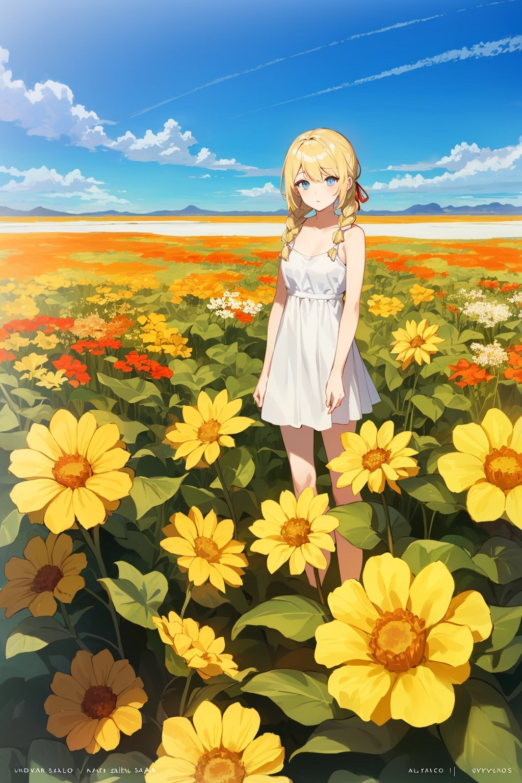 ((Botanical art salar de uyuni background)),
8k resolution, solo, 1 girl, blue sky,
blonde hair, odd eyes, hair ribbon, 
middle hair, hair braids, 
casual_exposure, 
red ribbon, mature female, 
(reddish:0.95), (full body:0.85),
(large breasts:0.58), 
(nsfw:0.66),



