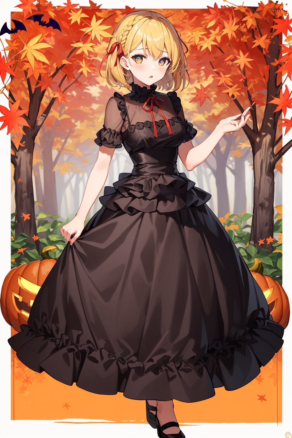 ((Botanical art Halloween night background)),
8k resolution, solo, 1 girl,
lots of maple leaves trees with red and yellow leaves,
blonde hair, odd eyes, hair ribbon, 
short hair, hair braids, 
casual_exposure, 
red ribbon, mature female, 
(reddish:0.95), (full body:0.85),
(large breasts:0.58), 
(nsfw:0.66),



