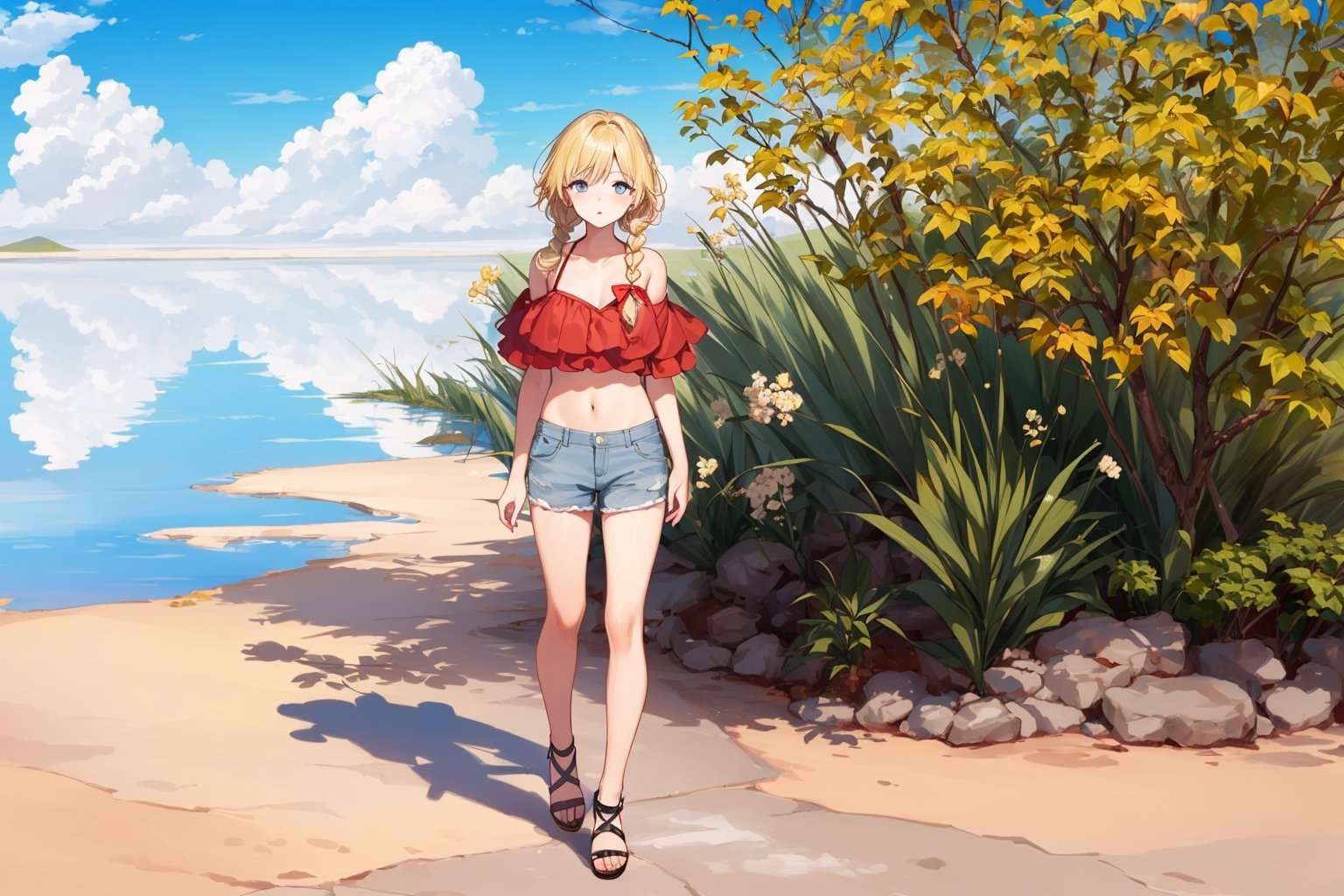 ((Botanical art salar de uyuni background)),
8k resolution, solo, 1 girl, blue sky,
blonde hair, odd eyes, hair ribbon, 
middle hair, hair braids, standing, 
casual_exposure, hot_pants,
red ribbon, mature female, 
(reddish:0.95), (full body:0.99),
(large breasts:0.58),
(nsfw:0.68),



