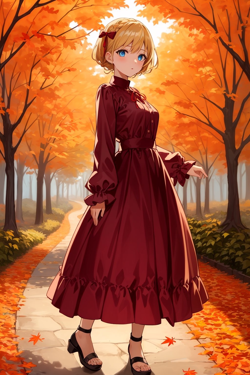 ((Botanical art Halloween night background)),
8k resolution, solo, 1 girl,
lots of maple leaves trees with red leaves,
blonde hair, blue eyes, hair ribbon, 
short hair, hair braids, 
casual_exposure, 
red ribbon, mature female, 
(reddish:0.95), (full body:0.85),
(large breasts:0.58), 
(nsfw:0.66),



