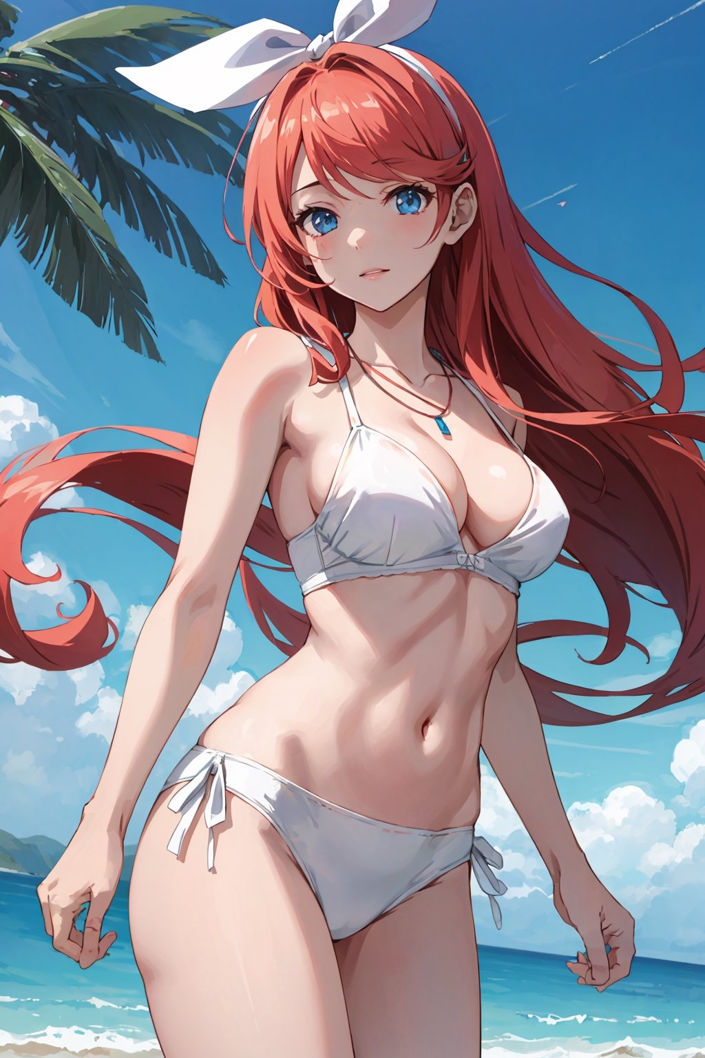 realistic, anime screencap, view straight on, standing, petite, a cute girl, (large breasts:1.25), bangs, hair pulled back, floating hair, sidelocks, pale red hair, flowing hair, bright skin, ribbon, necklace, ring, white shirt, collarbones, outdoors, blue sky, 8k resolution, 18 years old,
(bra:0.95), (smile:0.55),
hand, fingers, Kagamine Rin, Anime