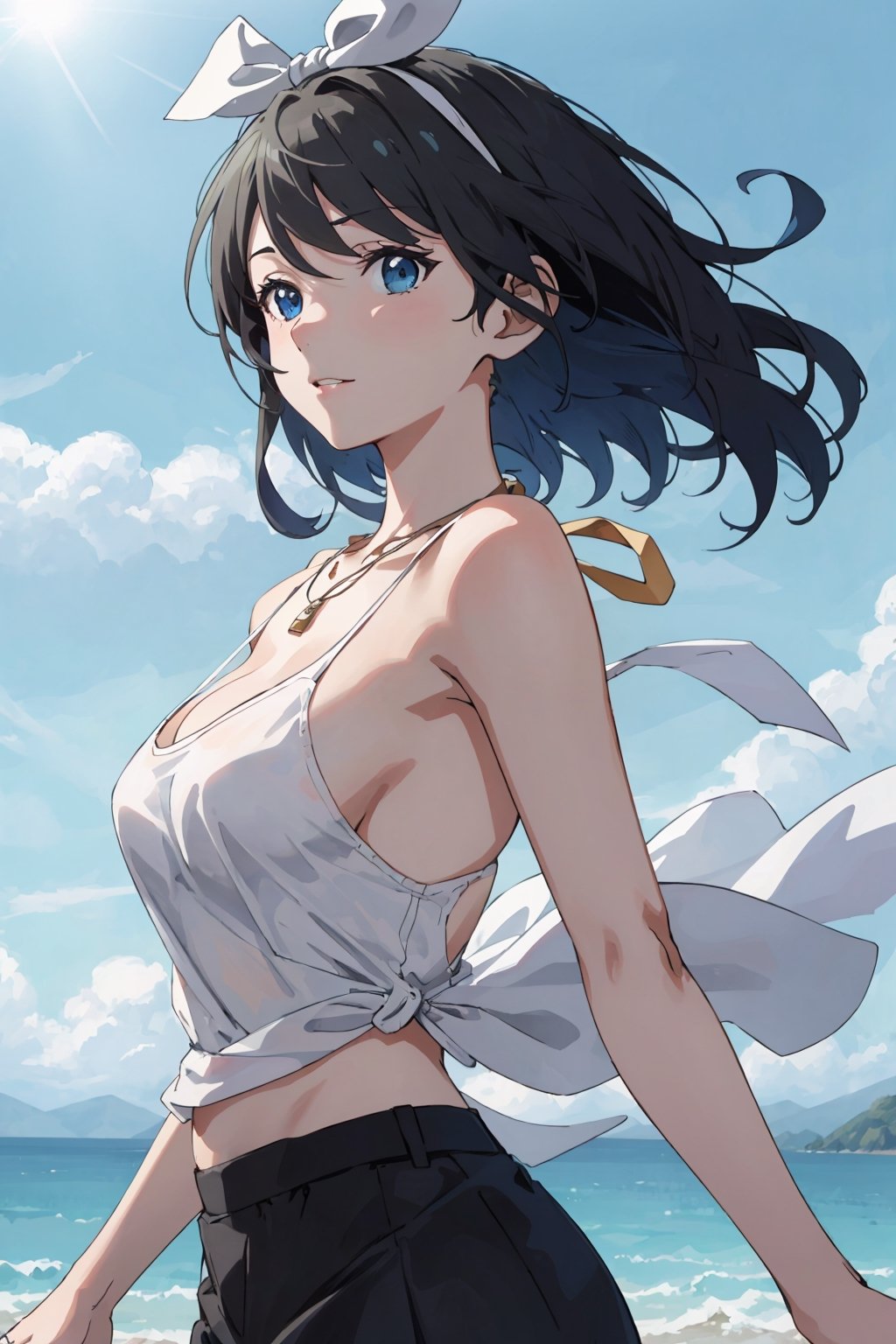 8k resolution, realistic, anime screencap, 
view straight on, standing, petite, a cute girl, (large breasts:1.25), bangs, hair pulled back sidelocks, pale black hair, 
flowing hair, floating short hair, 
necklace, ring, collarbones, outdoors, 
blue sky, 
(topbra:0.95), (smile:0.55),
hand, fingers, Kagamine Rin, Anime