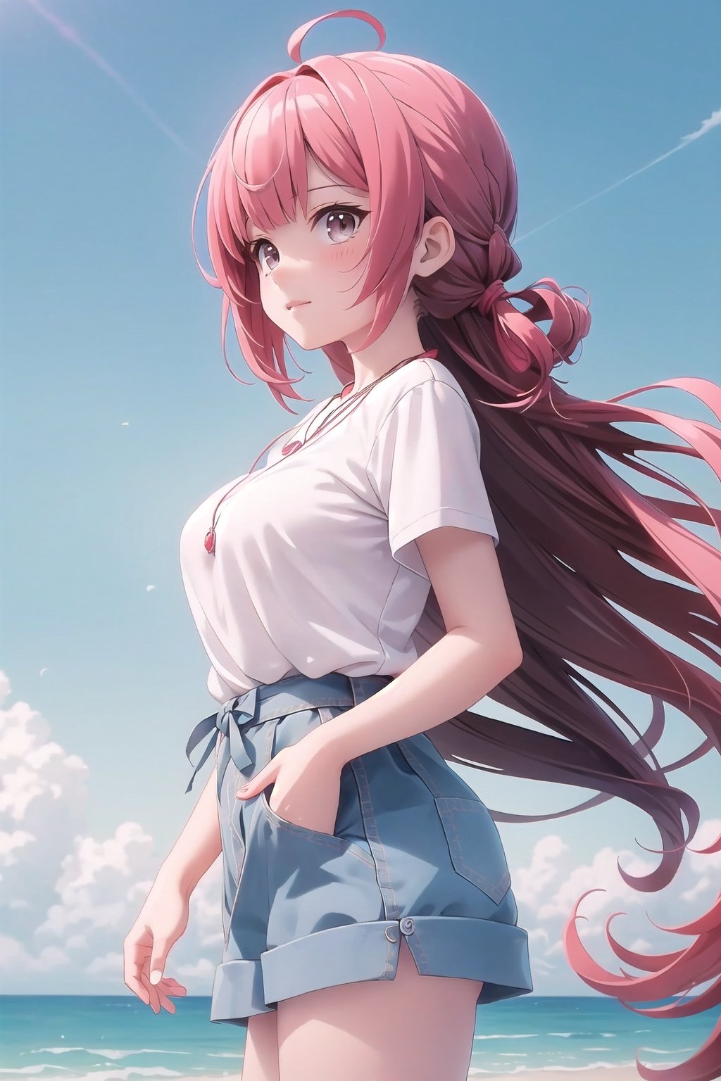 realistic, anime screencap, view straight on, standing, petite, a cute girl, (large breasts:0.95), bangs, hair pulled back, floating hair, sidelocks, pale red hair, flowing hair, bright skin, ribbon, necklace, ring, white shirt, collarbones, outdoors, blue sky, 8k resolution, 21 old,
(bra:0.95), (smile:0.45),
hand, fingers