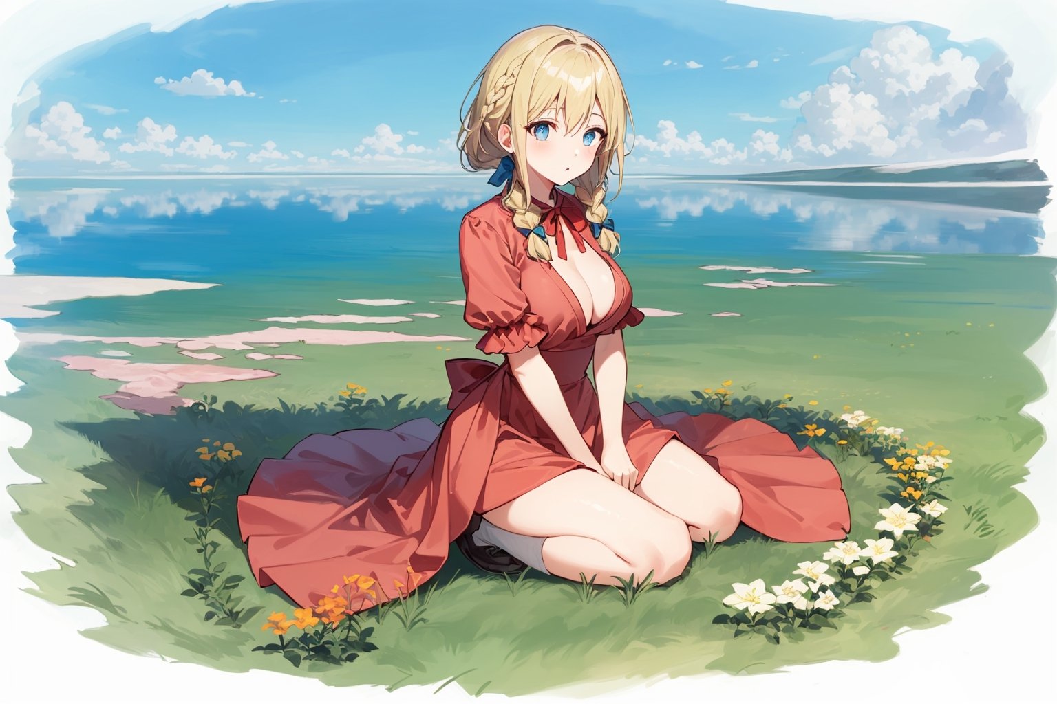 ((Botanical art salar de uyuni background)),
8k resolution, solo, 1 girl, blue sky,
blonde hair, odd eyes, hair ribbon, 
middle hair, hair braids, 
(casual hanbok:0.8), 
red ribbon, mature female, 
(reddish:0.95), (full body:0.99),
(large breasts:0.58), 
(nsfw:0.66),



