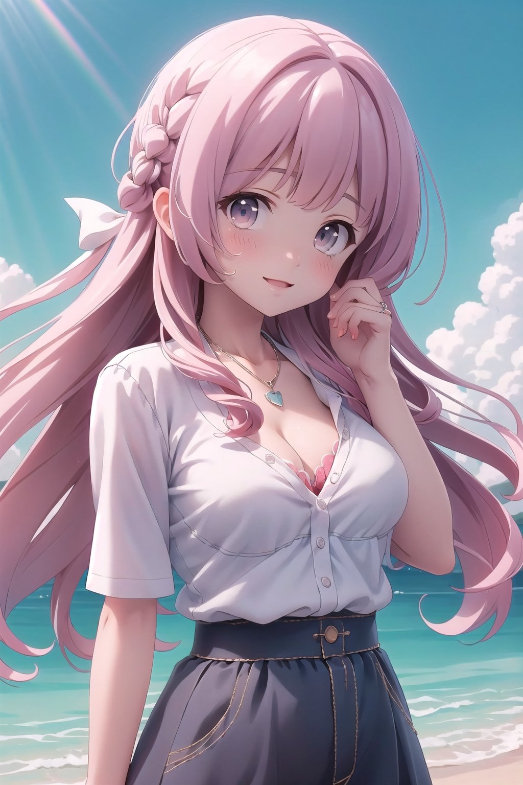 realistic, anime screencap, view straight on, standing, petite, a cute girl, (large breasts:0.95), bangs, hair pulled back, floating hair, sidelocks, pale red hair, flowing hair, bright skin, ribbon, necklace, ring, white shirt, collarbones, outdoors, blue sky, 8k resolution, 21 old,
(bra:0.97), (smile:0.65),
hand, fingers