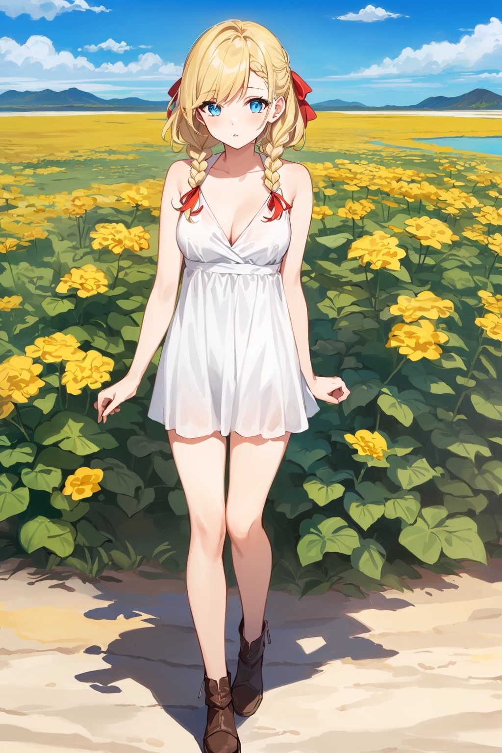 ((Botanical art salar de uyuni background)),
8k resolution, solo, 1 girl, blue sky,
blonde hair, odd eyes, hair ribbon, 
middle hair, hair braids, 
casual_exposure, 
red ribbon, mature female, 
(reddish:0.95), (full body:0.85),
(large breasts:0.58), 
(nsfw:0.66),



