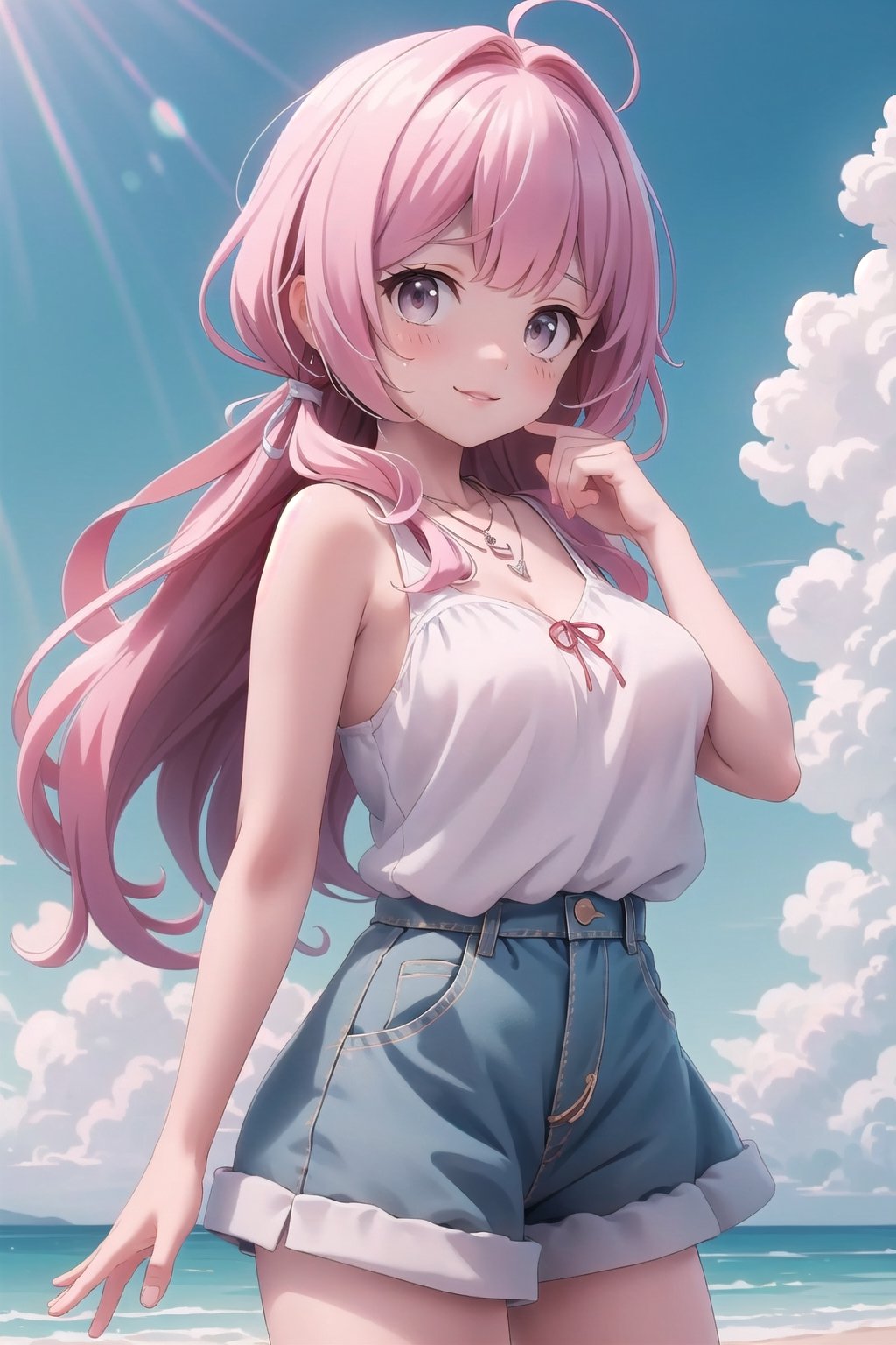 realistic, anime screencap, view straight on, standing, petite, a cute girl, (large breasts:0.95), bangs, hair pulled back, floating hair, sidelocks, pale red hair, flowing hair, bright skin, ribbon, necklace, ring, white shirt, collarbones, outdoors, blue sky, 8k resolution, 21 old,
(bra:0.97), (smile:0.65),
hand, fingers