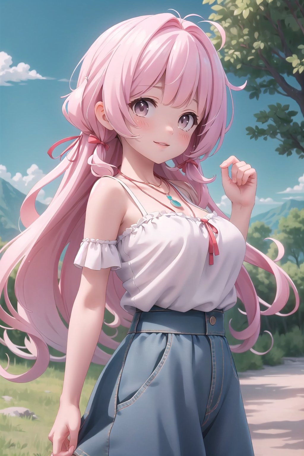 realistic, anime screencap, view straight on, standing, petite, a cute girl, (large breasts:0.95), bangs, hair pulled back, floating hair, sidelocks, pale red hair, flowing hair, bright skin, ribbon, necklace, ring, white shirt, collarbones, outdoors, blue sky, 8k resolution, 21 old,
(bra:0.98), (smile:0.65),
hand, fingers