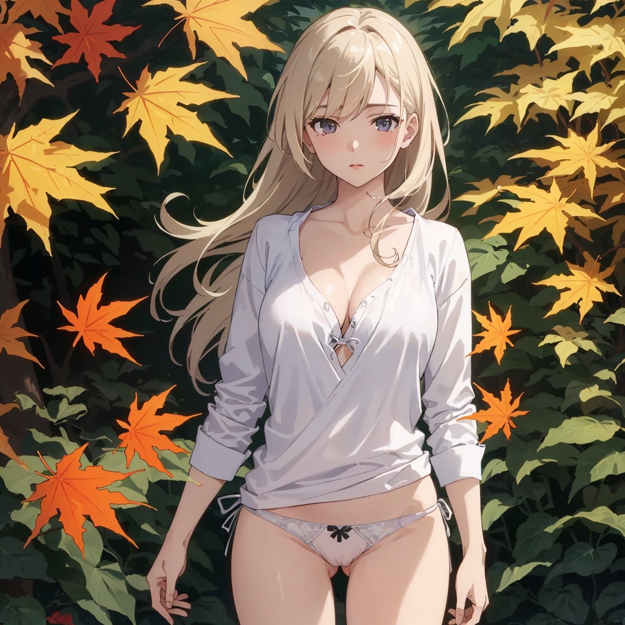 ((Botanical art lots of maple leaves background)),
8k resolution, realistic, anime screencap, 
petite, a cute girl, 
(large breasts:0.95), bangs, hair pulled back sidelocks, (pale hair), solo, 1 girl,
flowing hair, 
top casual shirt,
(pussy net panties:1.01),
(breasts visible:1.13),
(pussy visible:0.91),
(nsfw:0.87), 
