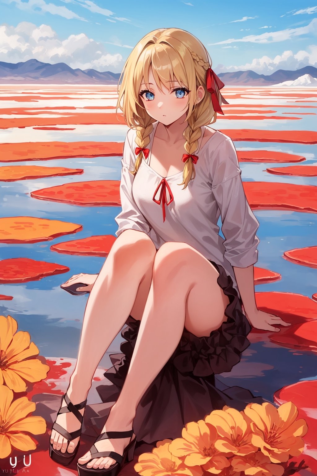 ((Botanical art salar de uyuni background)),
8k resolution, solo, 1 girl, blue sky,
blonde hair, odd eyes, hair ribbon, 
middle hair, hair braids, 
casual_exposure, 
red ribbon, mature female, 
(reddish:0.95), (full body:0.85),
(large breasts:0.58), 
(nsfw:0.66),



